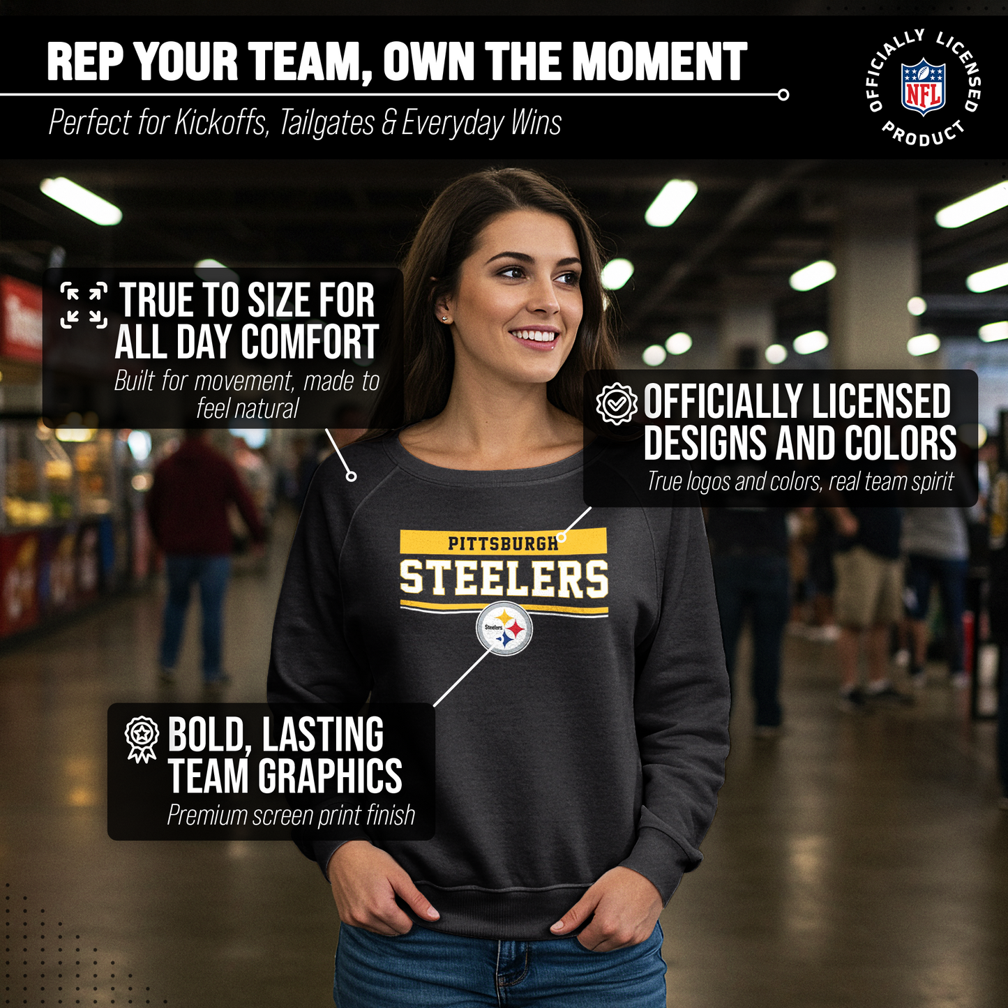 Pittsburgh Steelers NFL Womens Team Block French Terry Slouchy Top - Charcoal