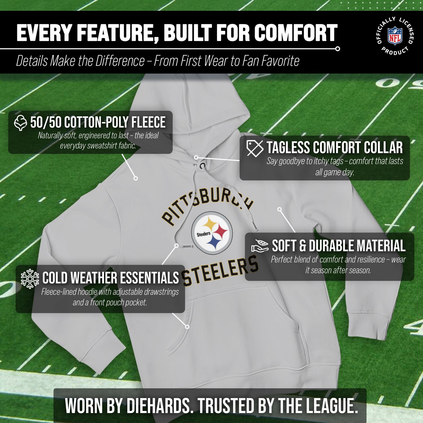 Pittsburgh Steelers Team Fan Apparel NFL  Gameday Hoodie - Sport Gray