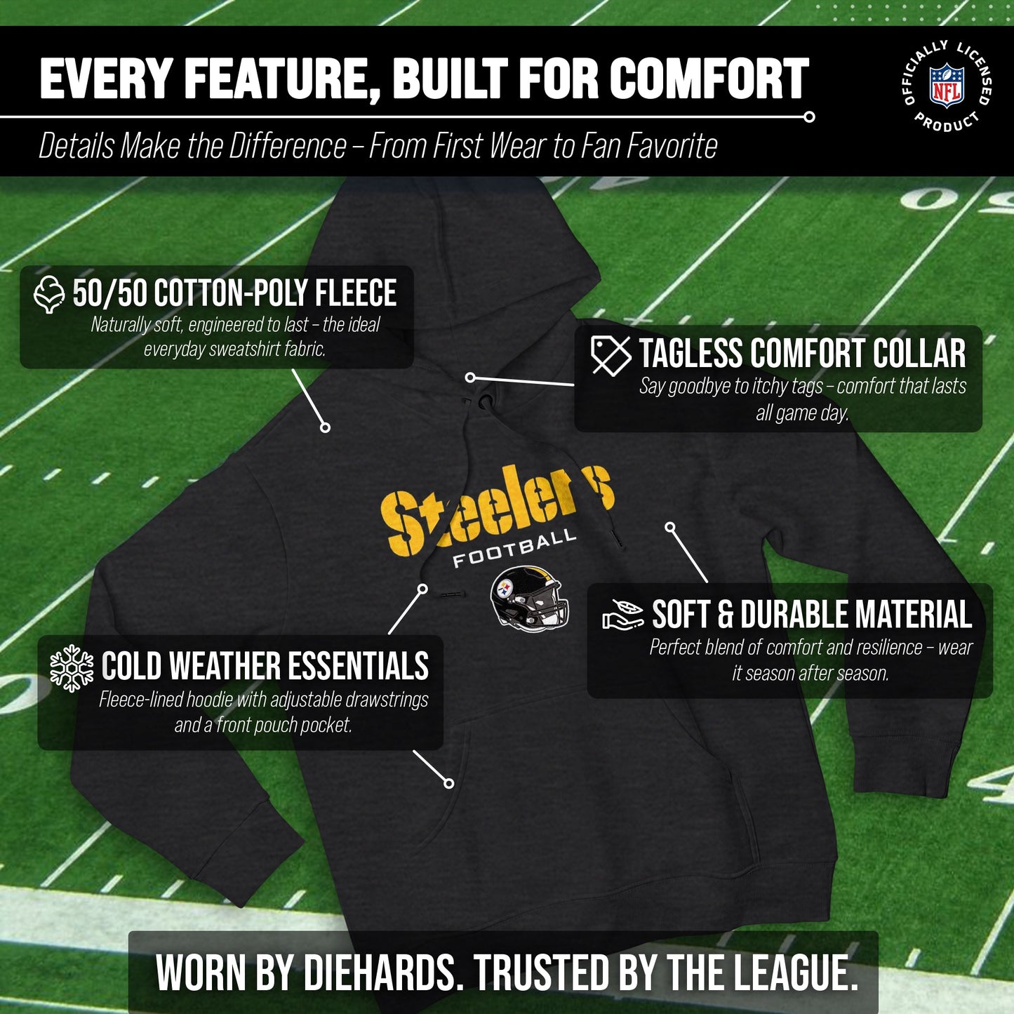 Pittsburgh Steelers Adult NFL Football Helmet Heather Hooded Sweatshirt  - Charcoal