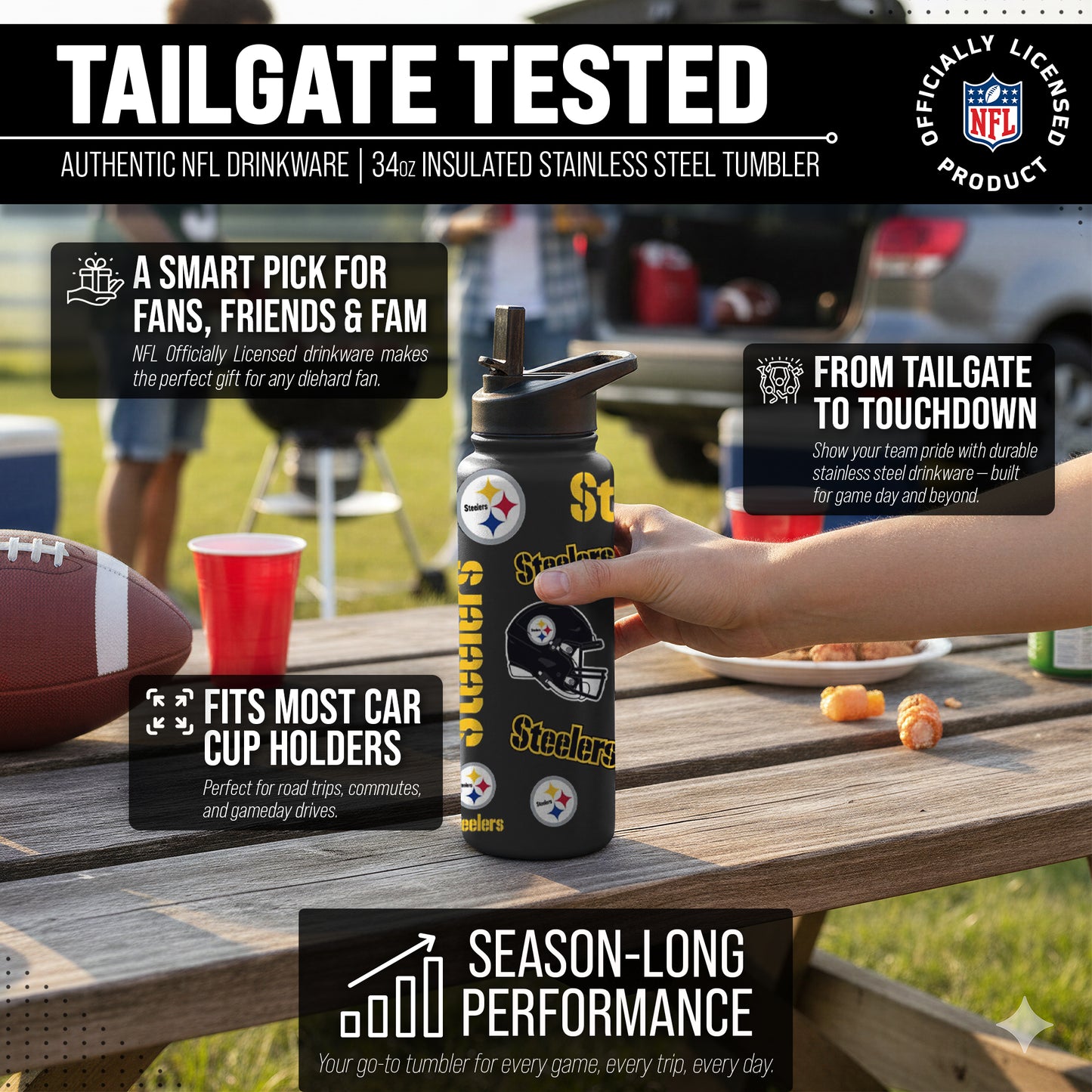 Pittsburgh Steelers NFL 34oz Quencher Stainless Steel Insulated Water Bottle - Black