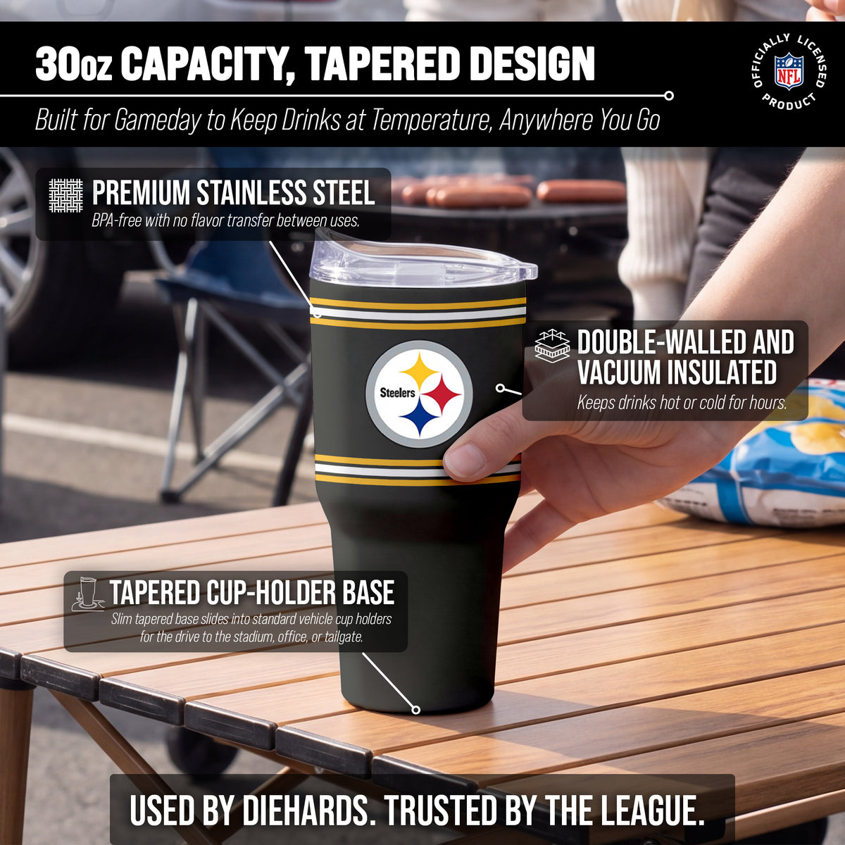 Pittsburgh Steelers  30 oz Stripe Powder Coat Tumbler | NFL Stainless - Black