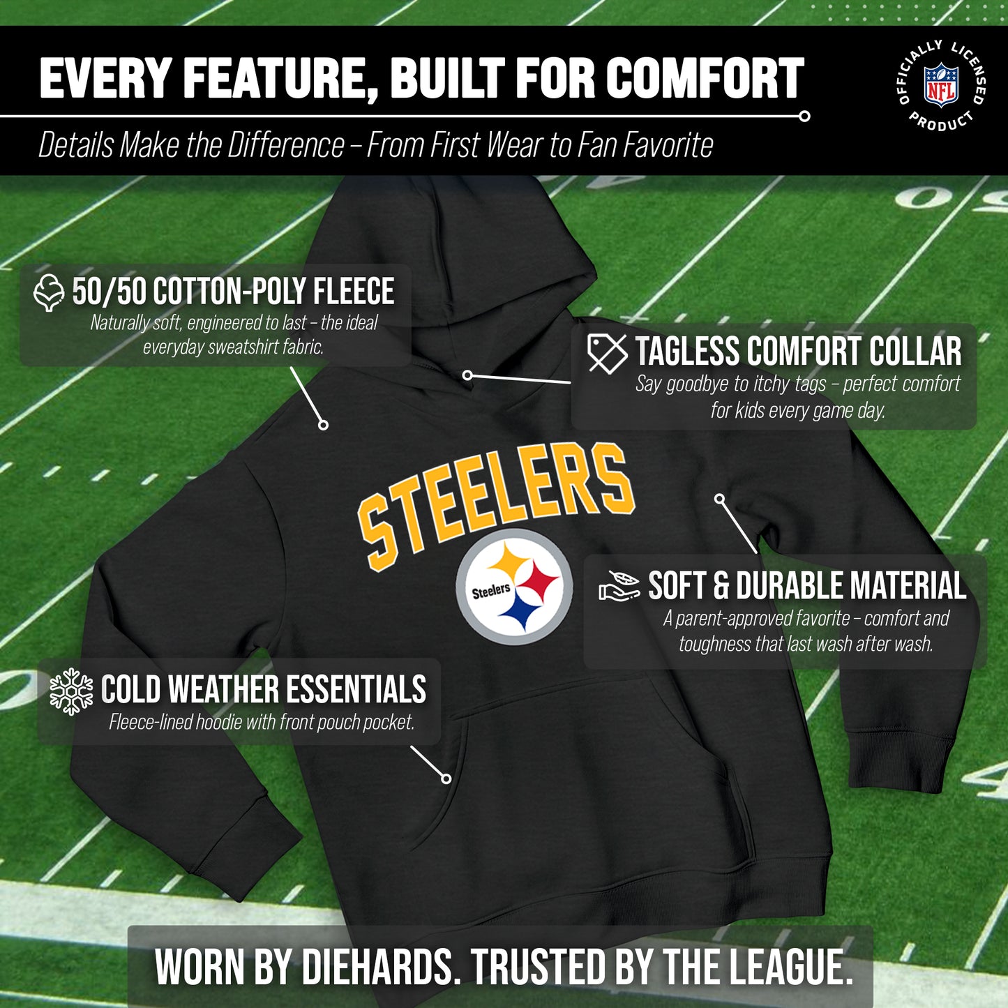 Pittsburgh Steelers NFL Youth Home Team Hoodie- Kids Hooded Sweatshirt - Black