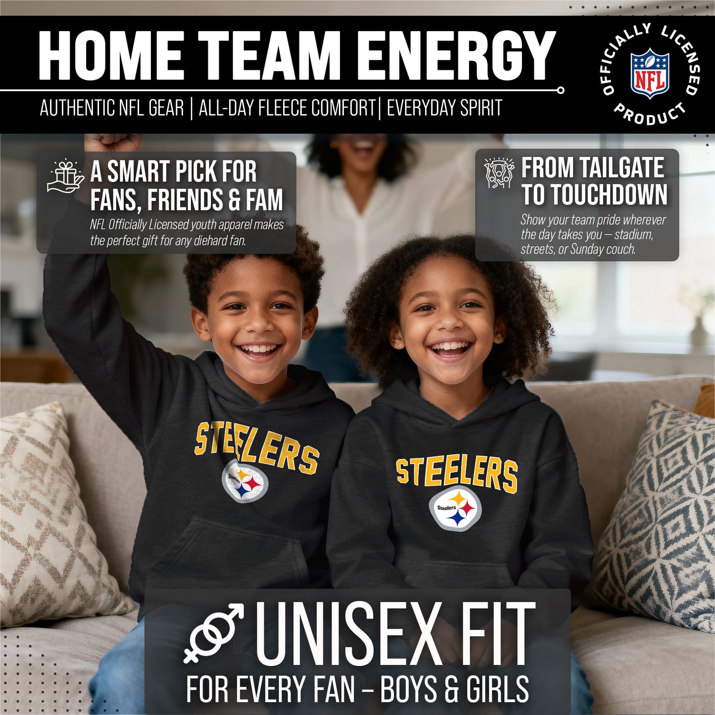 Pittsburgh Steelers NFL Youth Home Team Hoodie- Kids Hooded Sweatshirt - Black