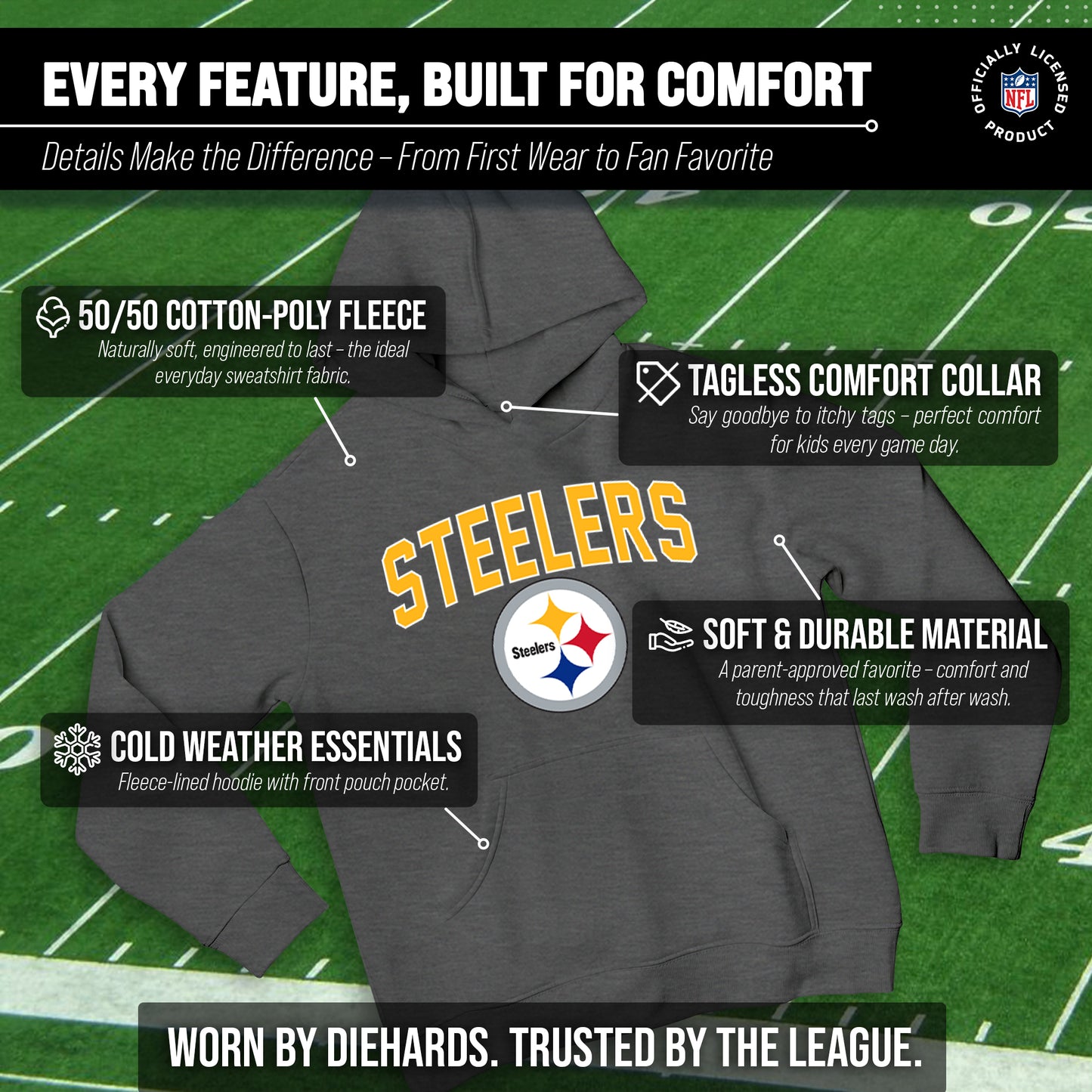 Pittsburgh Steelers NFL Youth Home Team Hoodie- Kids Hooded Sweatshirt - Sport Gray