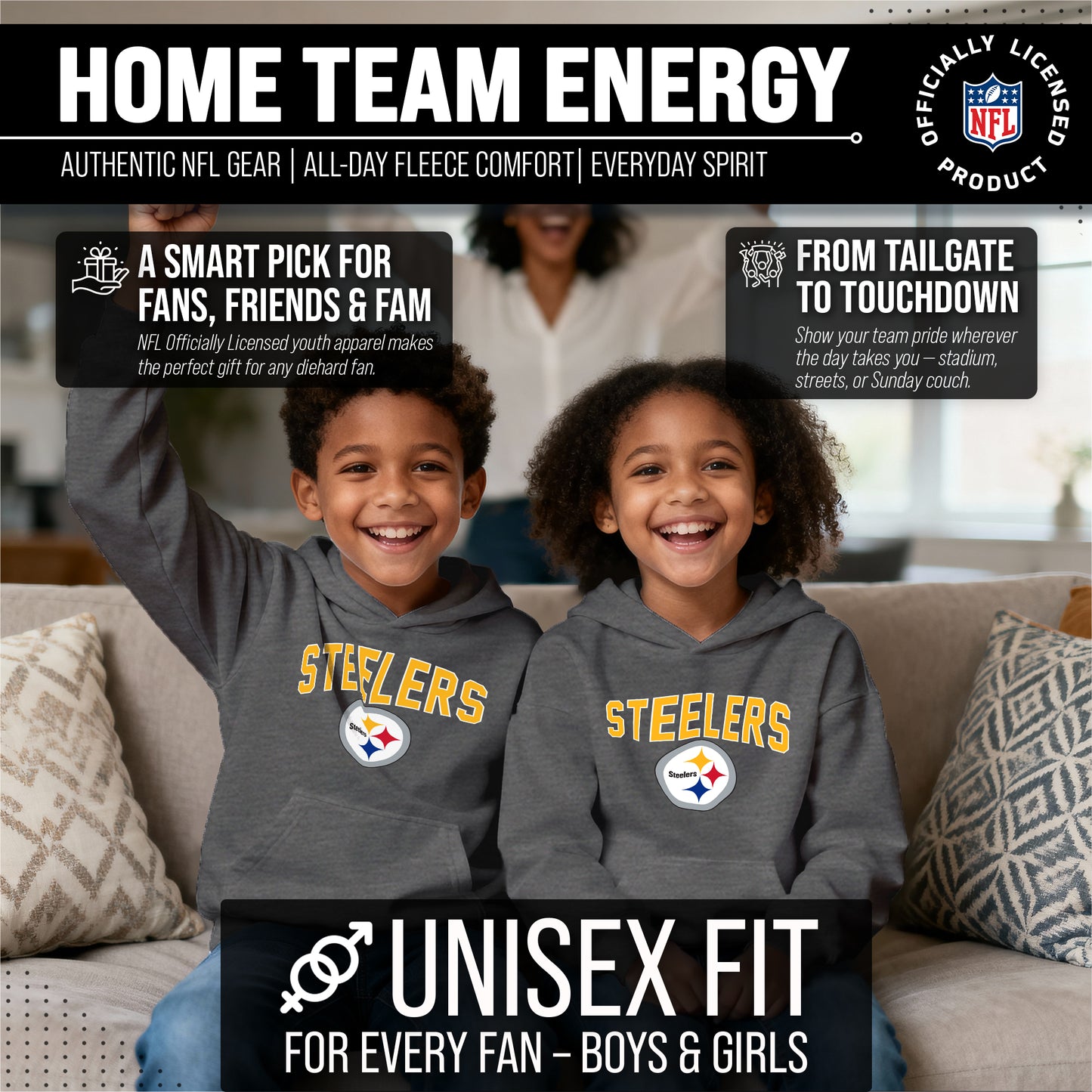 Pittsburgh Steelers NFL Youth Home Team Hoodie- Kids Hooded Sweatshirt - Sport Gray