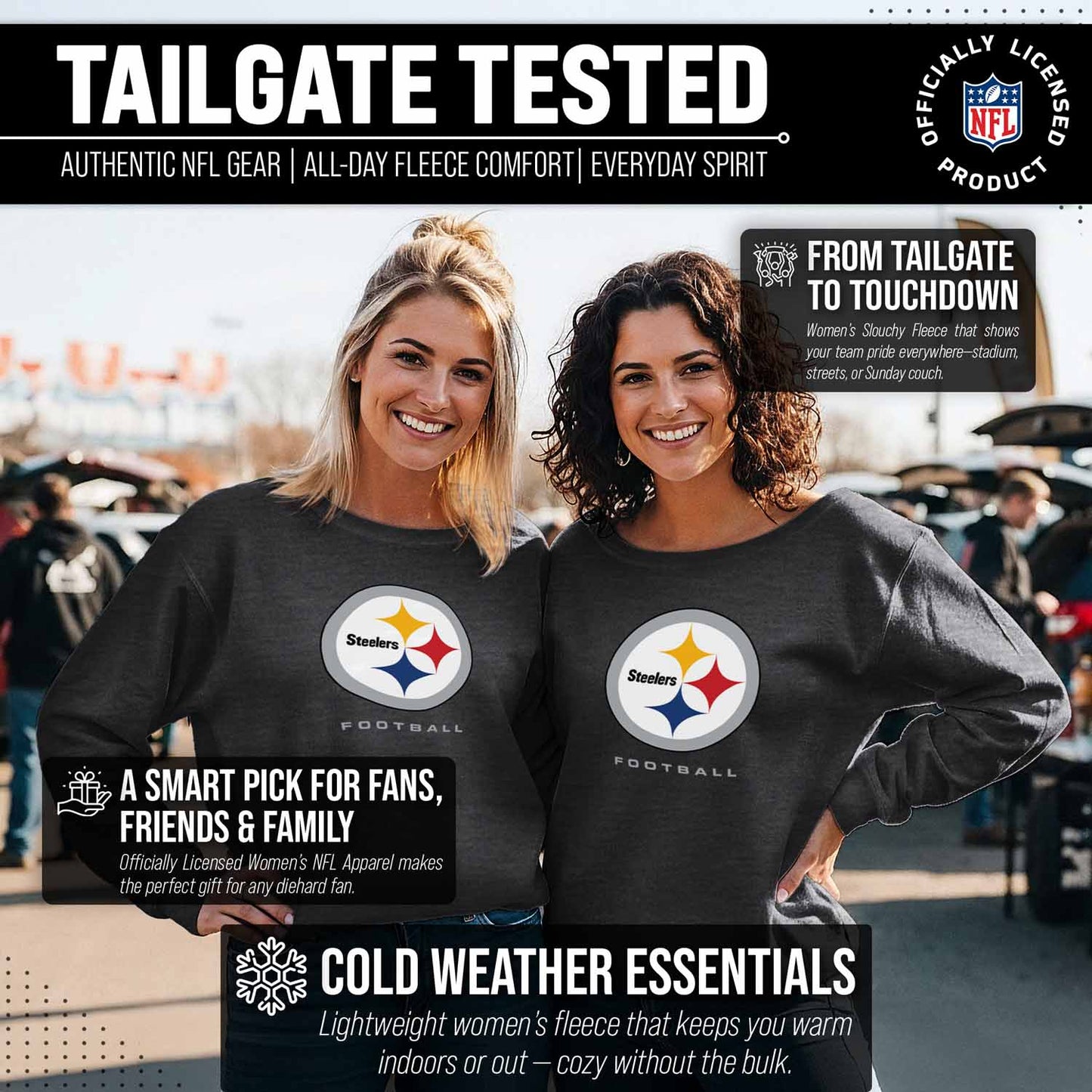 Pittsburgh Steelers NFL Womens Ultimate Fan French Terry Slouchy Top- Raglan Sleeves - Charcoal
