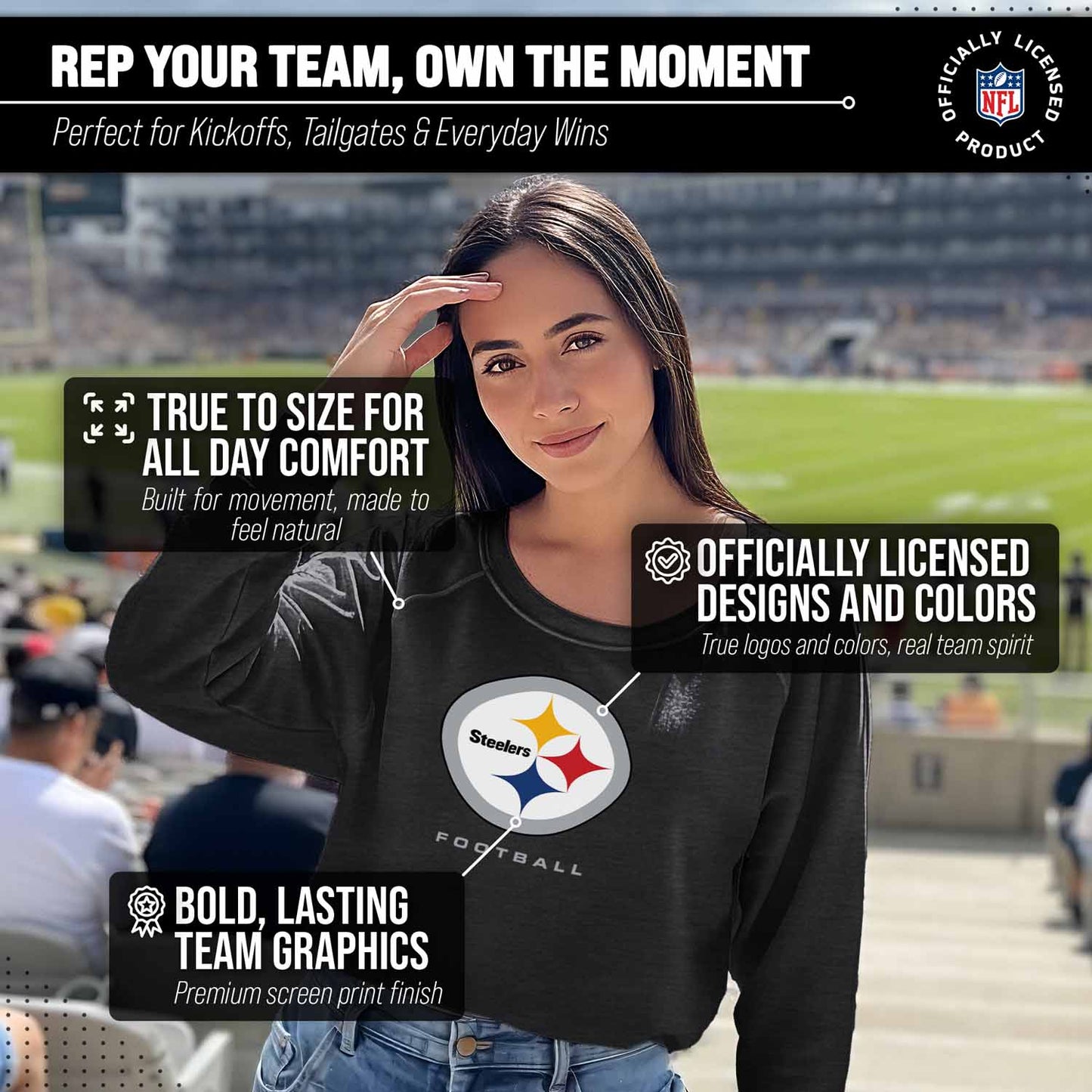 Pittsburgh Steelers NFL Womens Ultimate Fan French Terry Slouchy Top- Raglan Sleeves - Charcoal