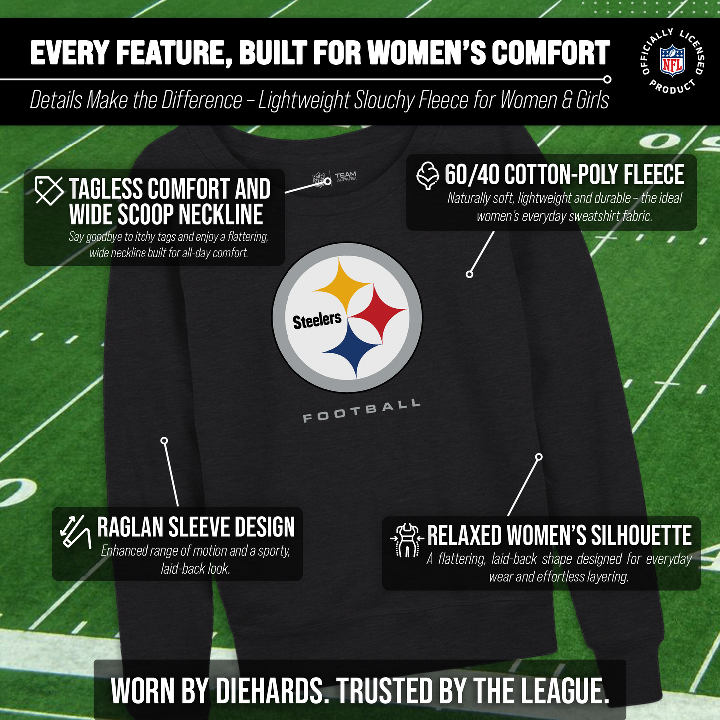 Pittsburgh Steelers NFL Womens Ultimate Fan French Terry Slouchy Top- Raglan Sleeves - Charcoal