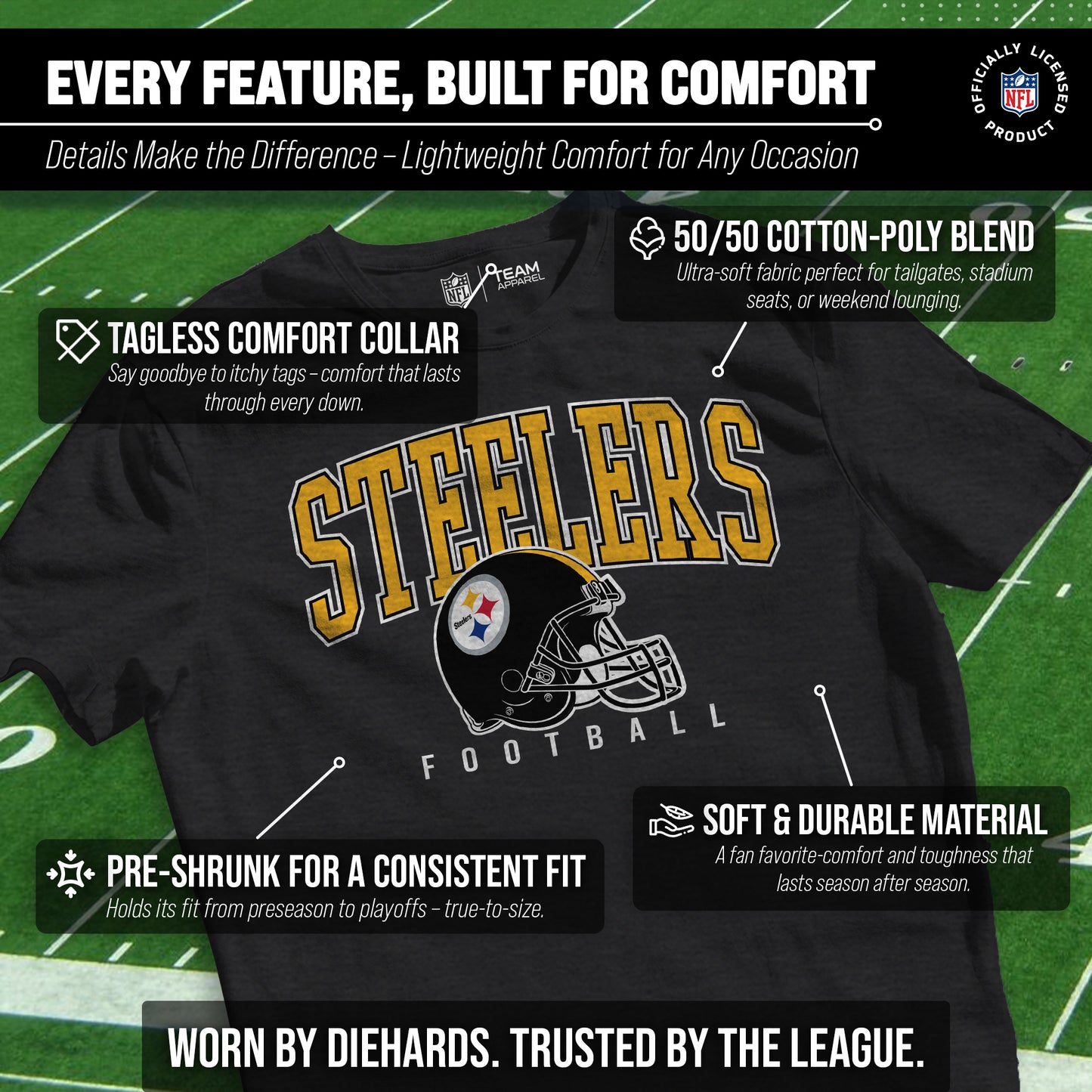 Pittsburgh Steelers NFL Adult All Star Heather Tag-Less T-Shirt - Black Heather
