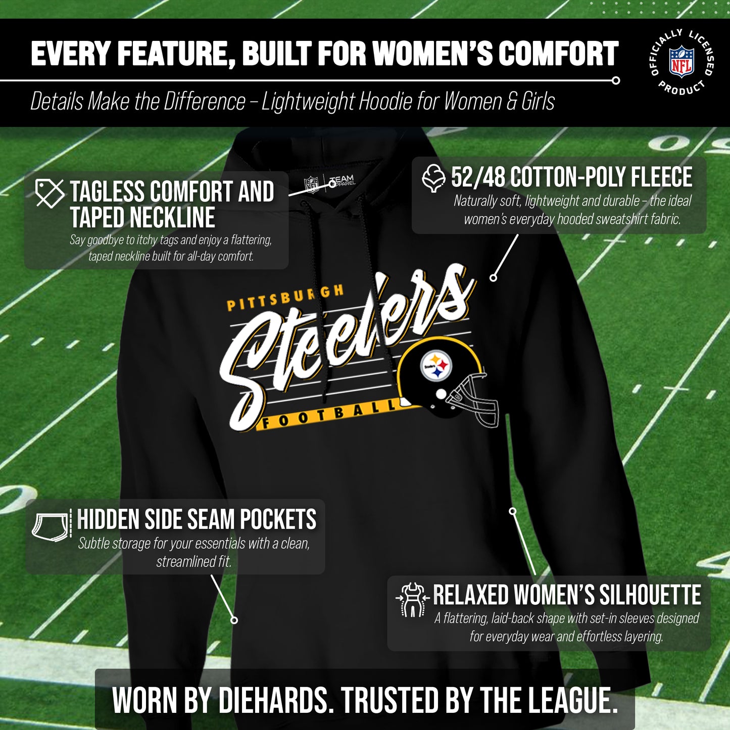 Pittsburgh Steelers Ladies NFL Scrimmage Line Fleece Pullover Hooded Sweatshirt - Black