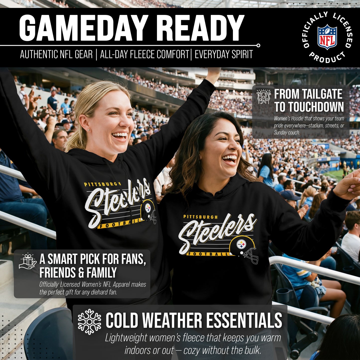 Pittsburgh Steelers Ladies NFL Scrimmage Line Fleece Pullover Hooded Sweatshirt - Black