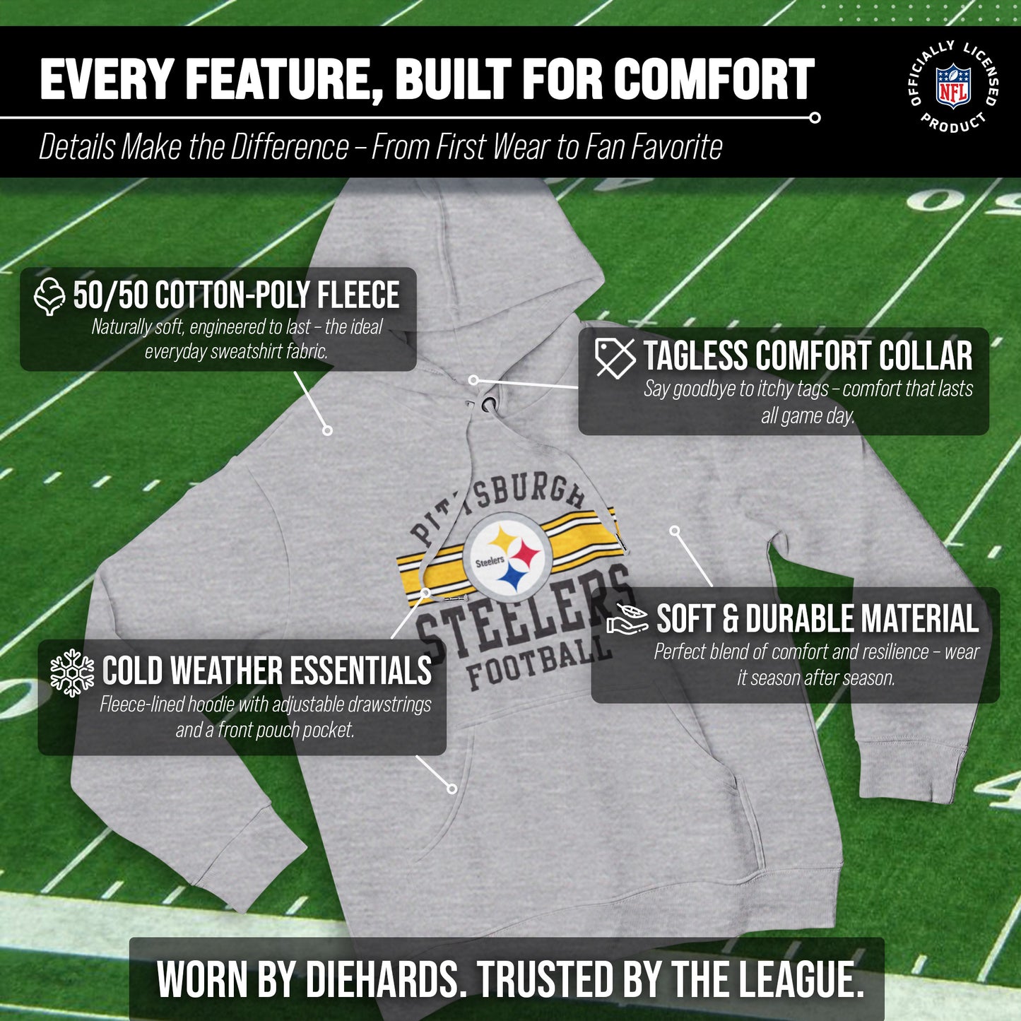 Pittsburgh Steelers NFL Team Stripe Hooded Sweatshirt- Soft Pullover Sports Hoodie For Men & Women - Sport Gray