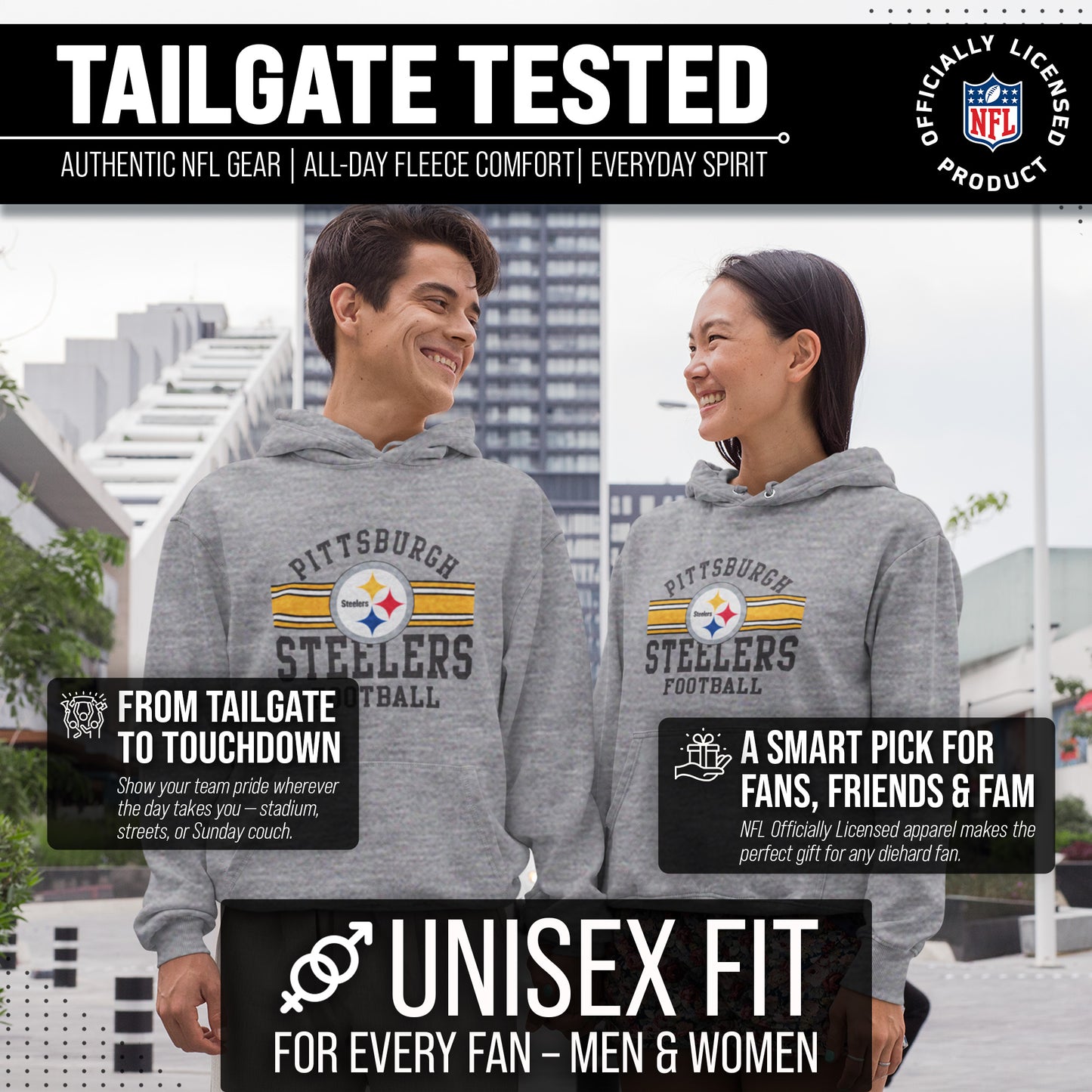 Pittsburgh Steelers NFL Team Stripe Hooded Sweatshirt- Soft Pullover Sports Hoodie For Men & Women - Sport Gray
