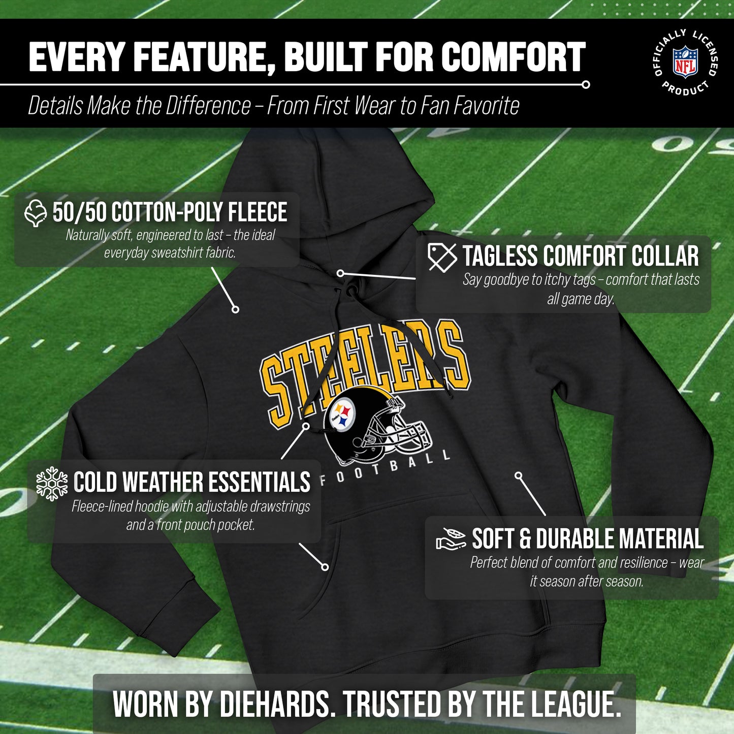 Pittsburgh Steelers NFL Adult Unisex All Star Soft Fleece Hooded Sweatshirt - Black Heather