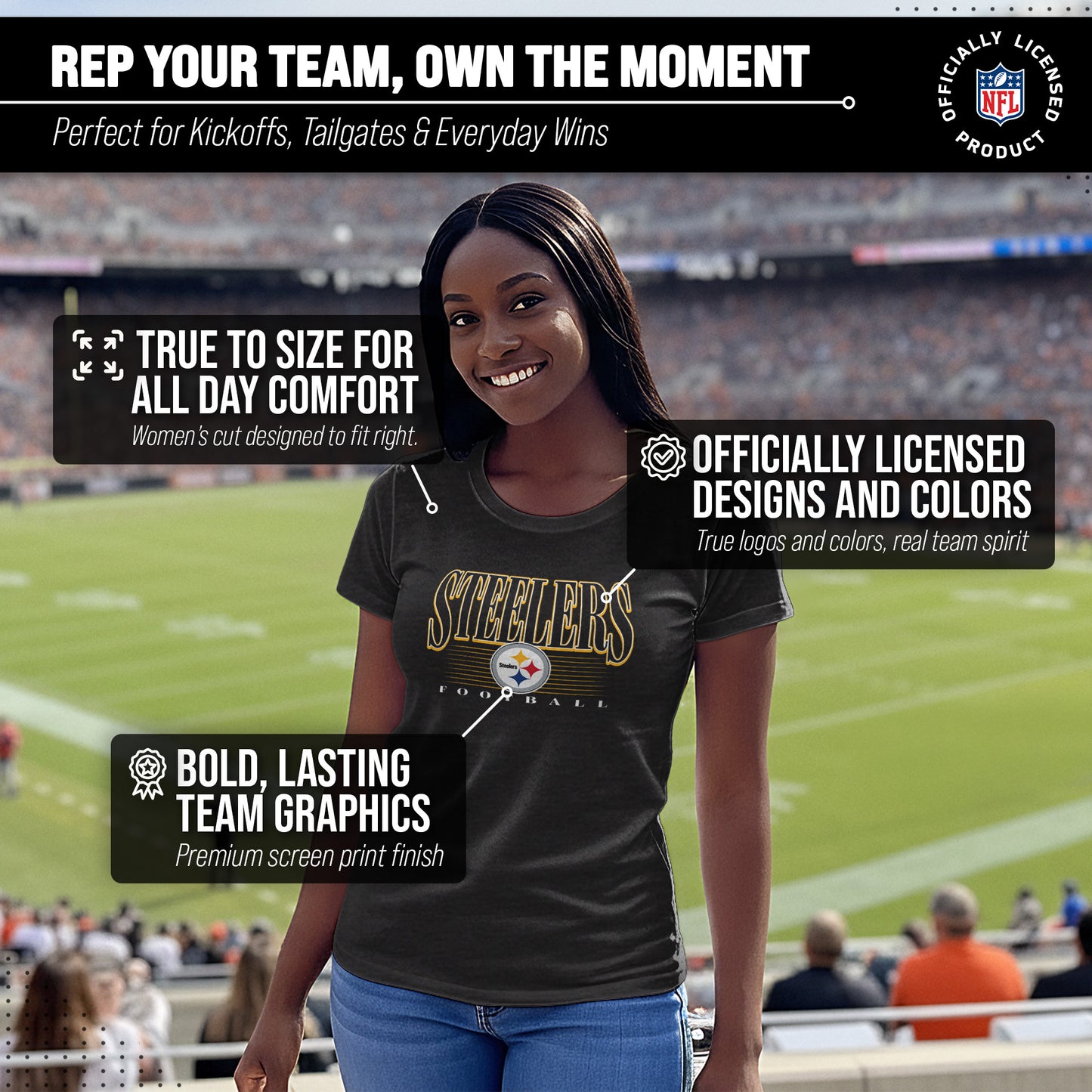 Pittsburgh Steelers NFL Womens Overtime Blueprint Tag-Less T-Shirt - Black