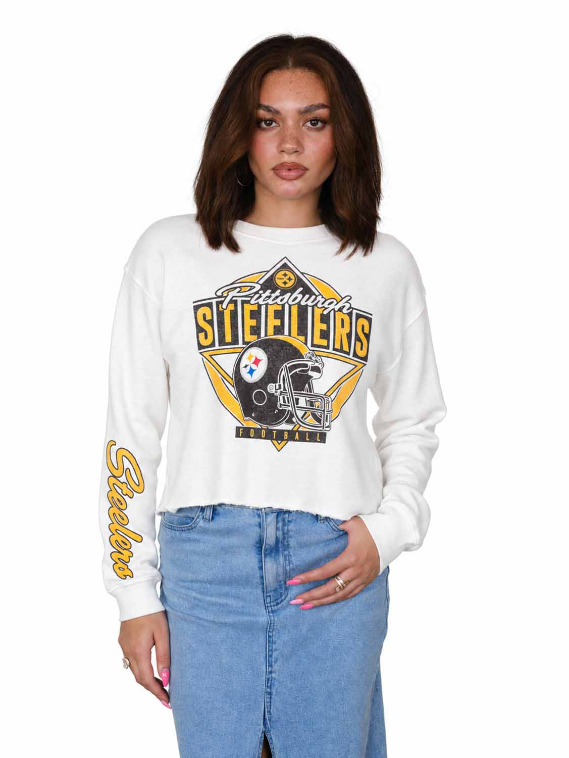 Pittsburgh Steelers  Women's Franchise Helmet Cut Crop Crewneck - White