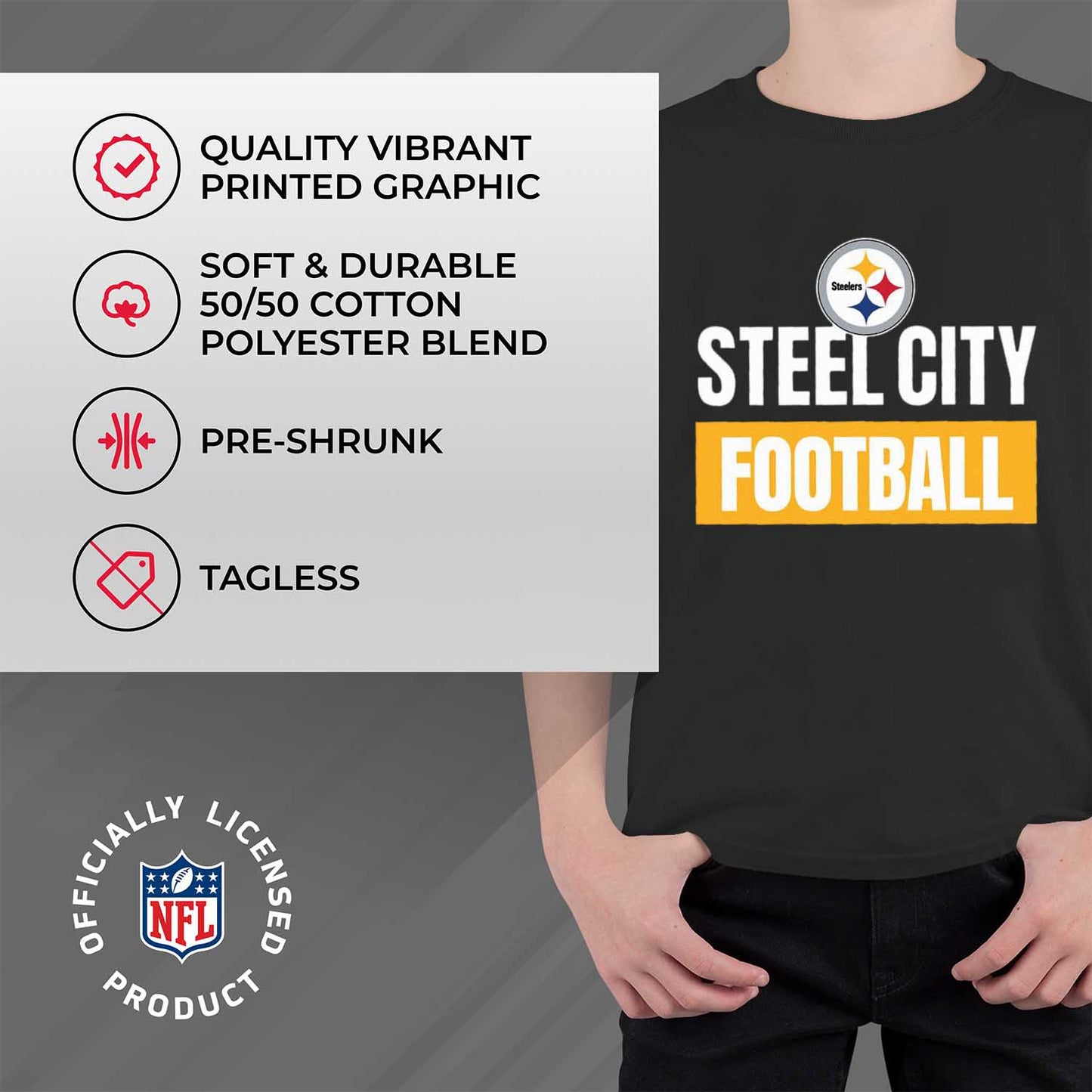 Pittsburgh Steelers NFL Youth Team Slogan Short Sleeve Lightweight T Shirt - Black