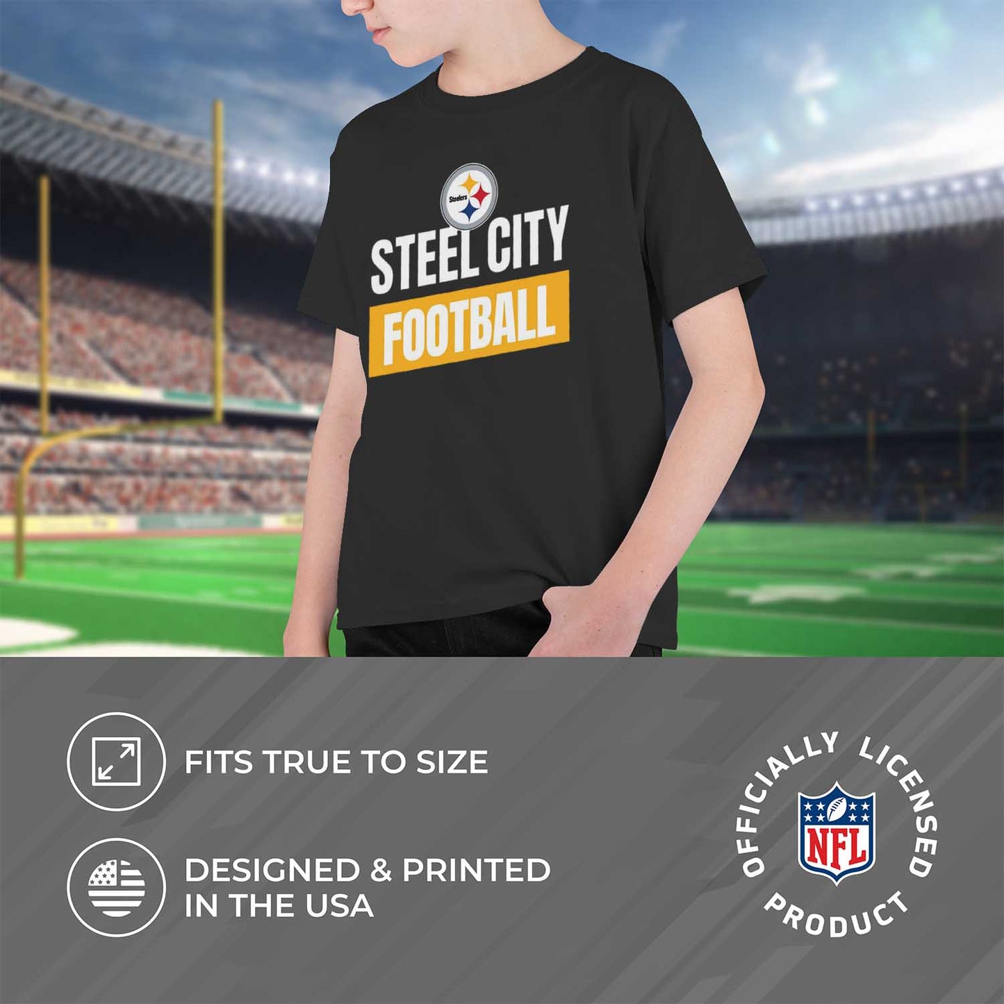 Pittsburgh Steelers NFL Youth Team Slogan Short Sleeve Lightweight T Shirt - Black