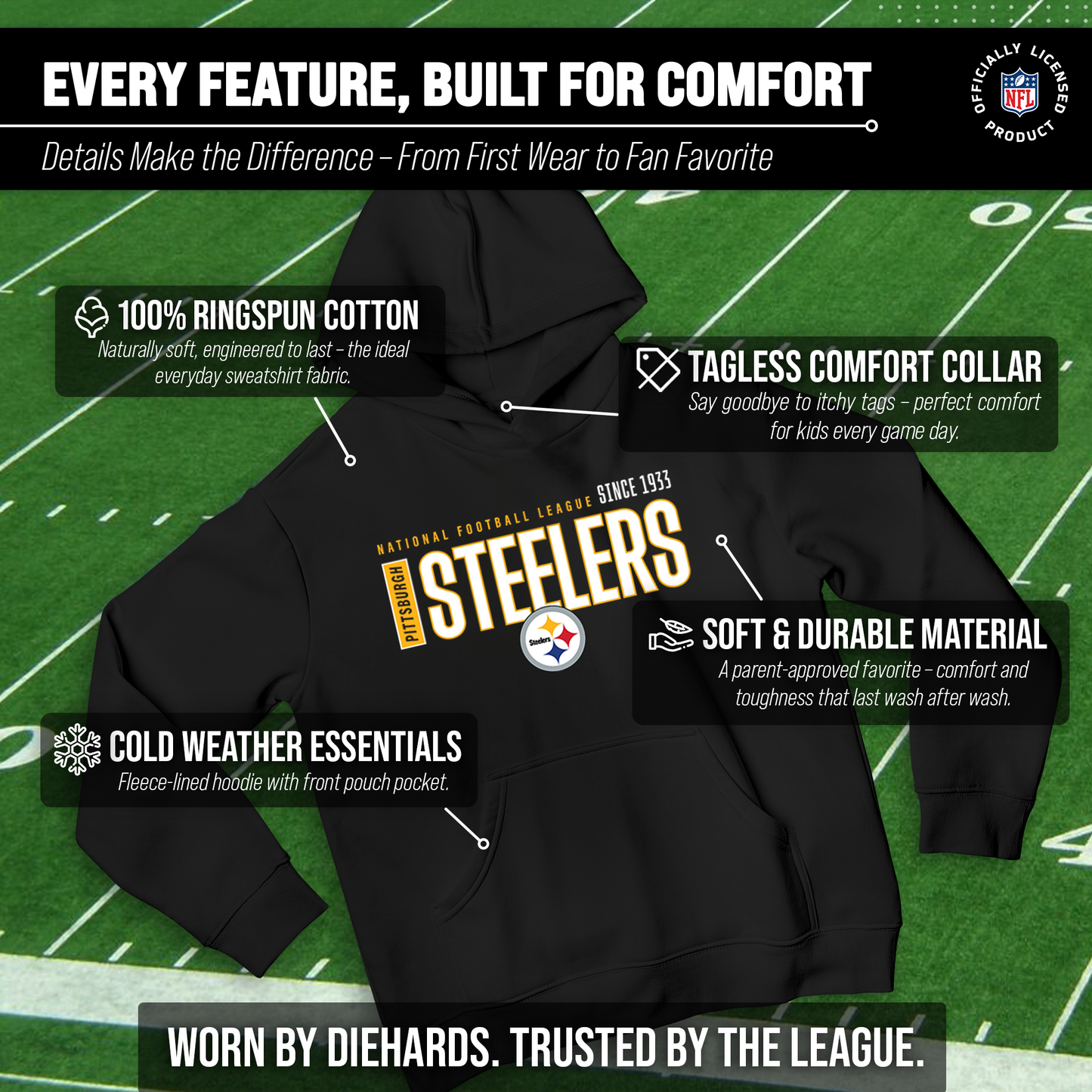 Pittsburgh Steelers NFL Youth Modern Endzone Football Fleece Hooded Sweatshirt - Black