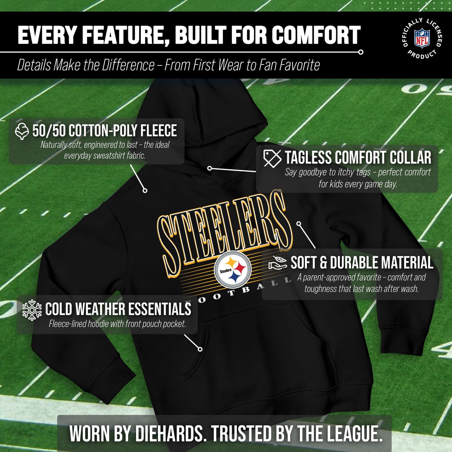Pittsburgh Steelers NFL Youth Overtime Blueprint Football Fleece Hooded Sweatshirt - Black