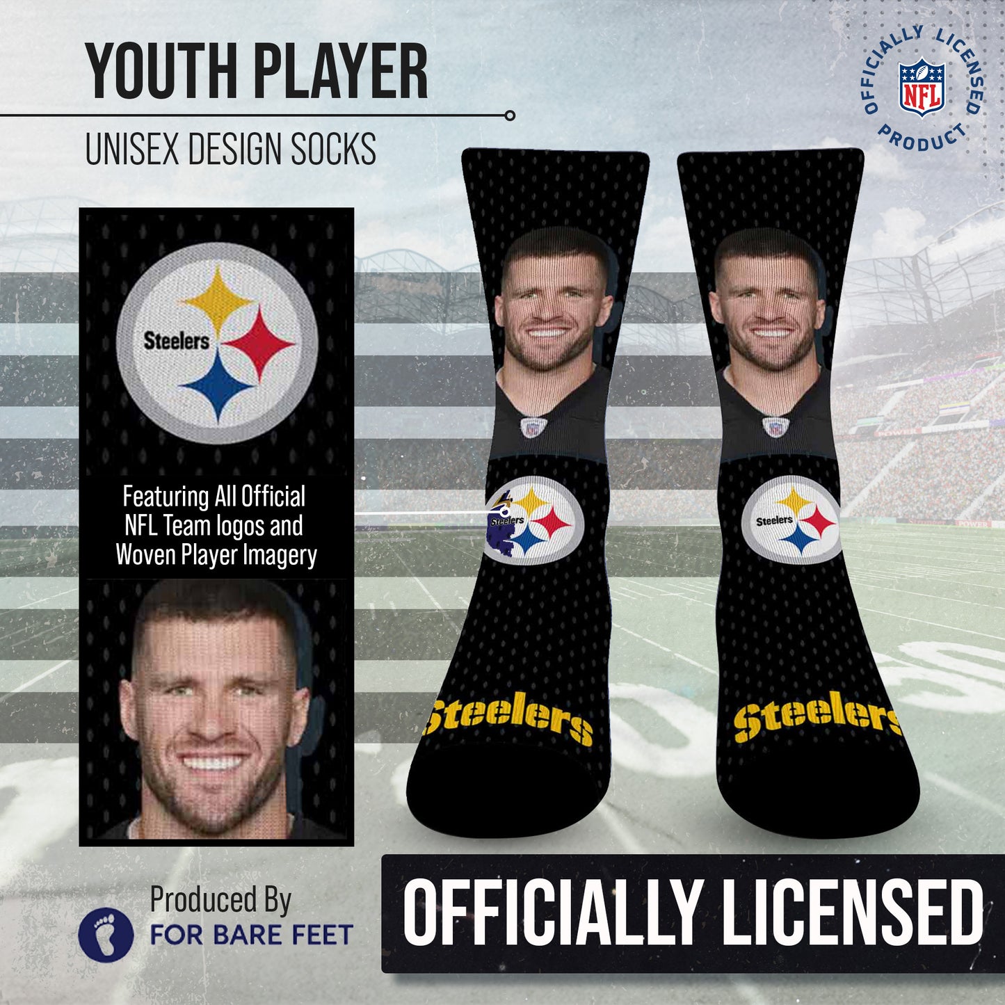 Pittsburgh Steelers NFL Youth Roster Player Crew Socks - Black