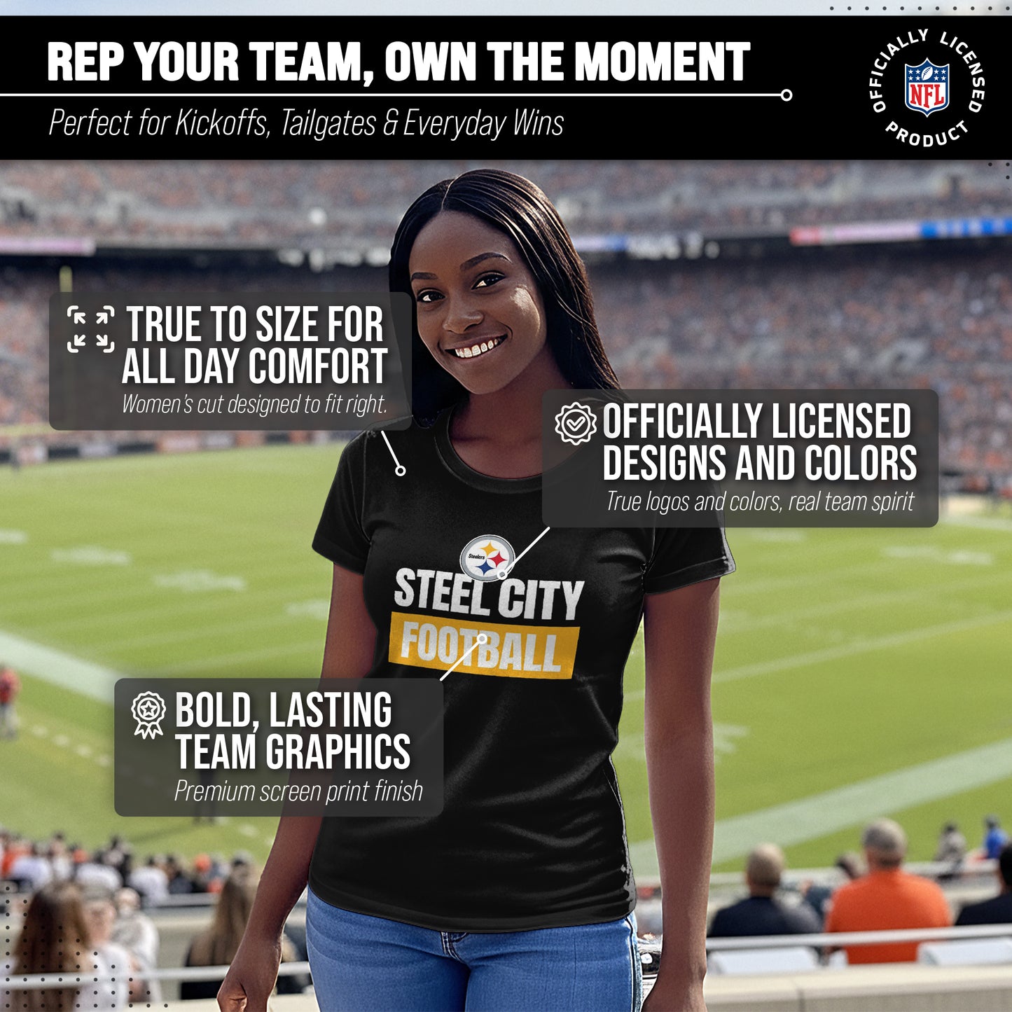 Pittsburgh Steelers NFL Womens Team Slogan Short Sleeve Tshirt - Black