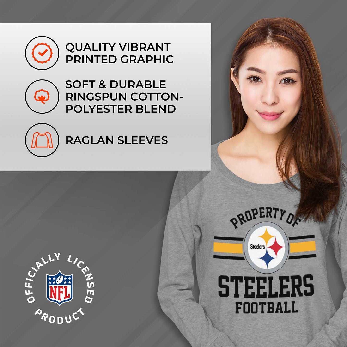 Pittsburgh Steelers NFL Womens Plus Size Property of Lightweight Crew Neck - Sport Gray