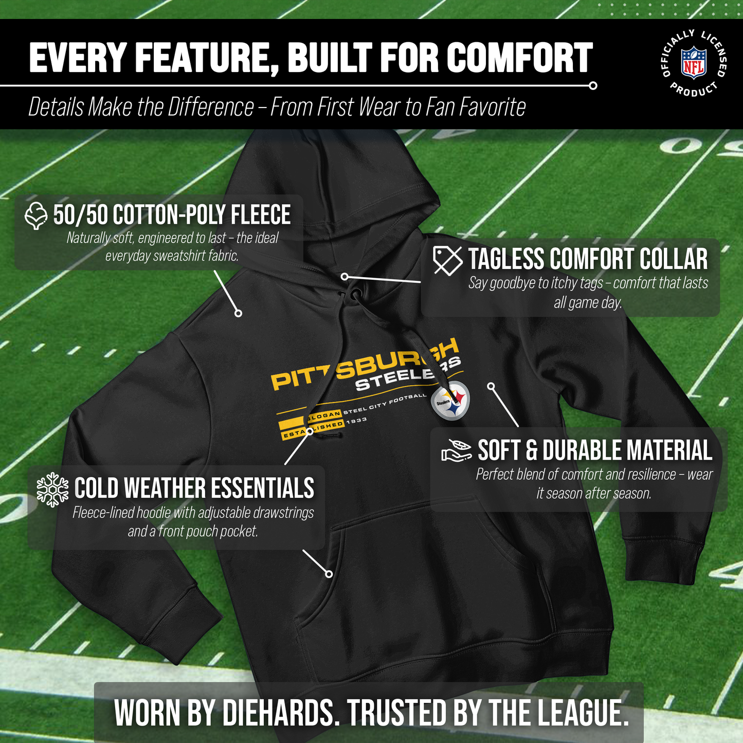 Pittsburgh Steelers Adult NFL Speed Stat Sheet Fleece Hooded Sweatshirt - Black