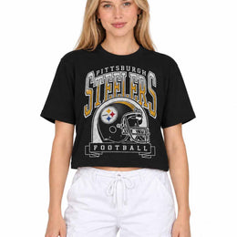 Pittsburgh Steelers  Women's Franchise Helmet Crop T-Shirt Mock Neck - Black