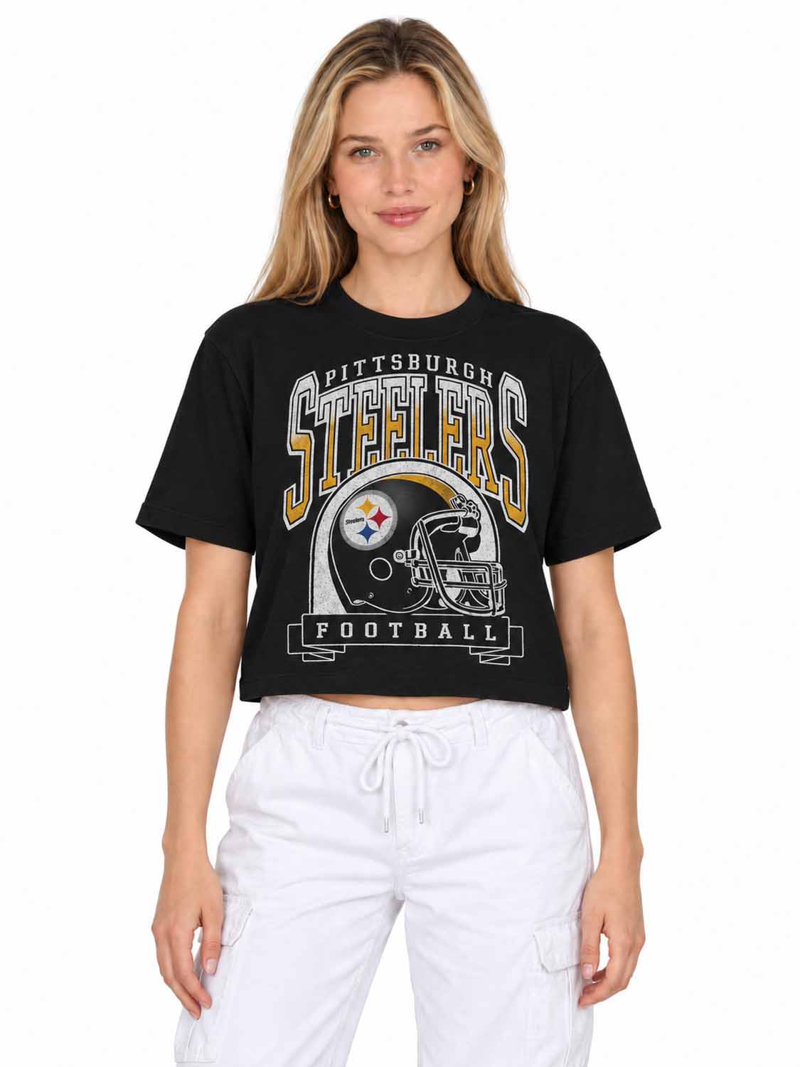 Pittsburgh Steelers  Women's Franchise Helmet Crop T-Shirt Mock Neck - Black