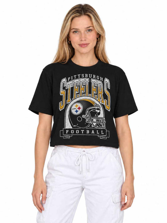 Pittsburgh Steelers  Women's Franchise Helmet Crop T-Shirt Mock Neck - Black