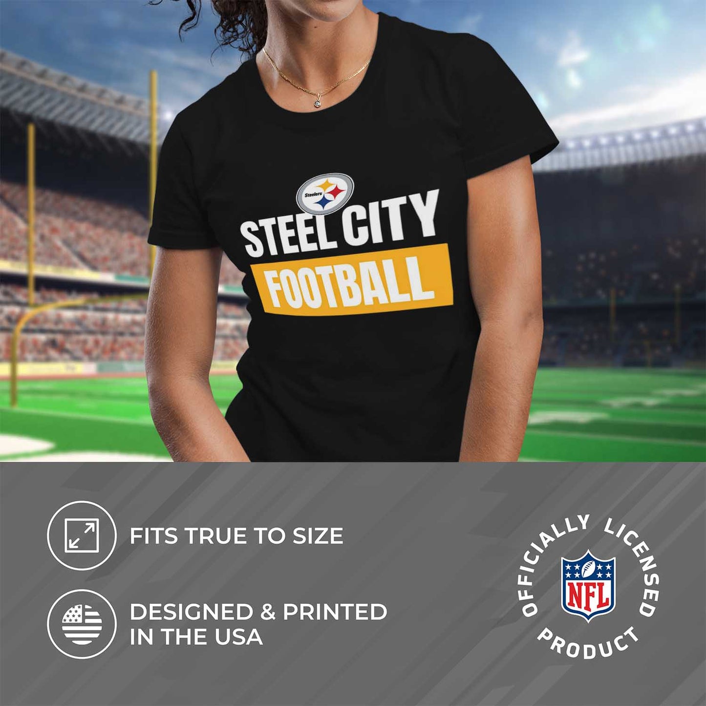 Pittsburgh Steelers NFL Womens Plus Size Team Slogan Short Sleeve T-Shirt - Black