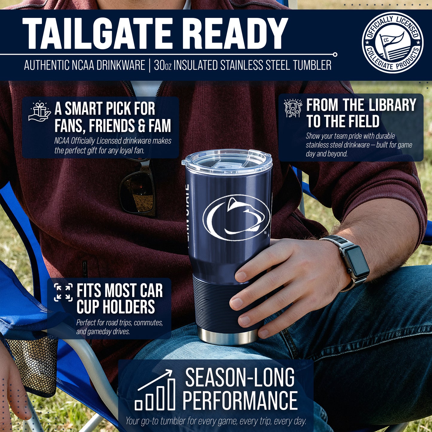 Penn State Nittany Lions NCAA University 30oz Stainless Steel Vacuum Insulated Game Day Tumbler with Silicone Grip - Navy