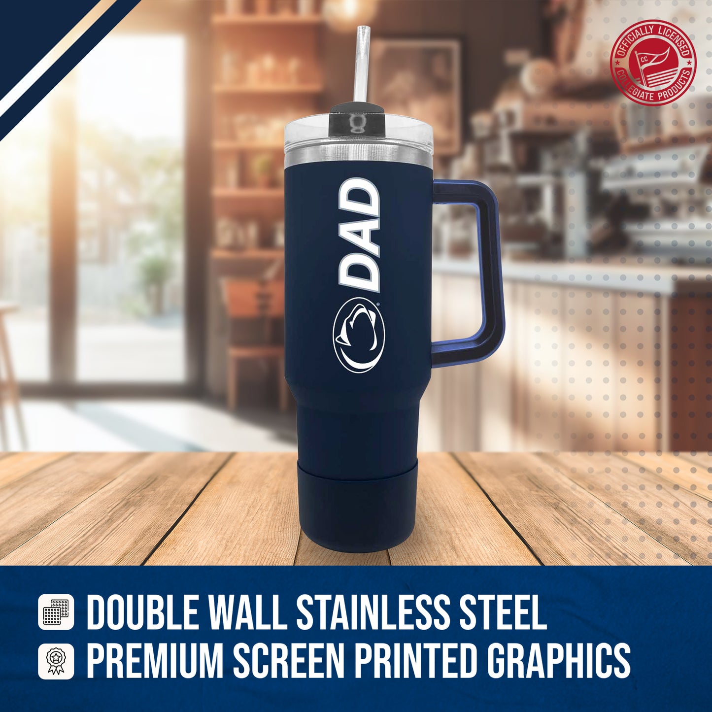 Penn State Nittany Lions Collegiate 40oz Stainless Steel Travel Tumbler with Handle for Dad - Navy