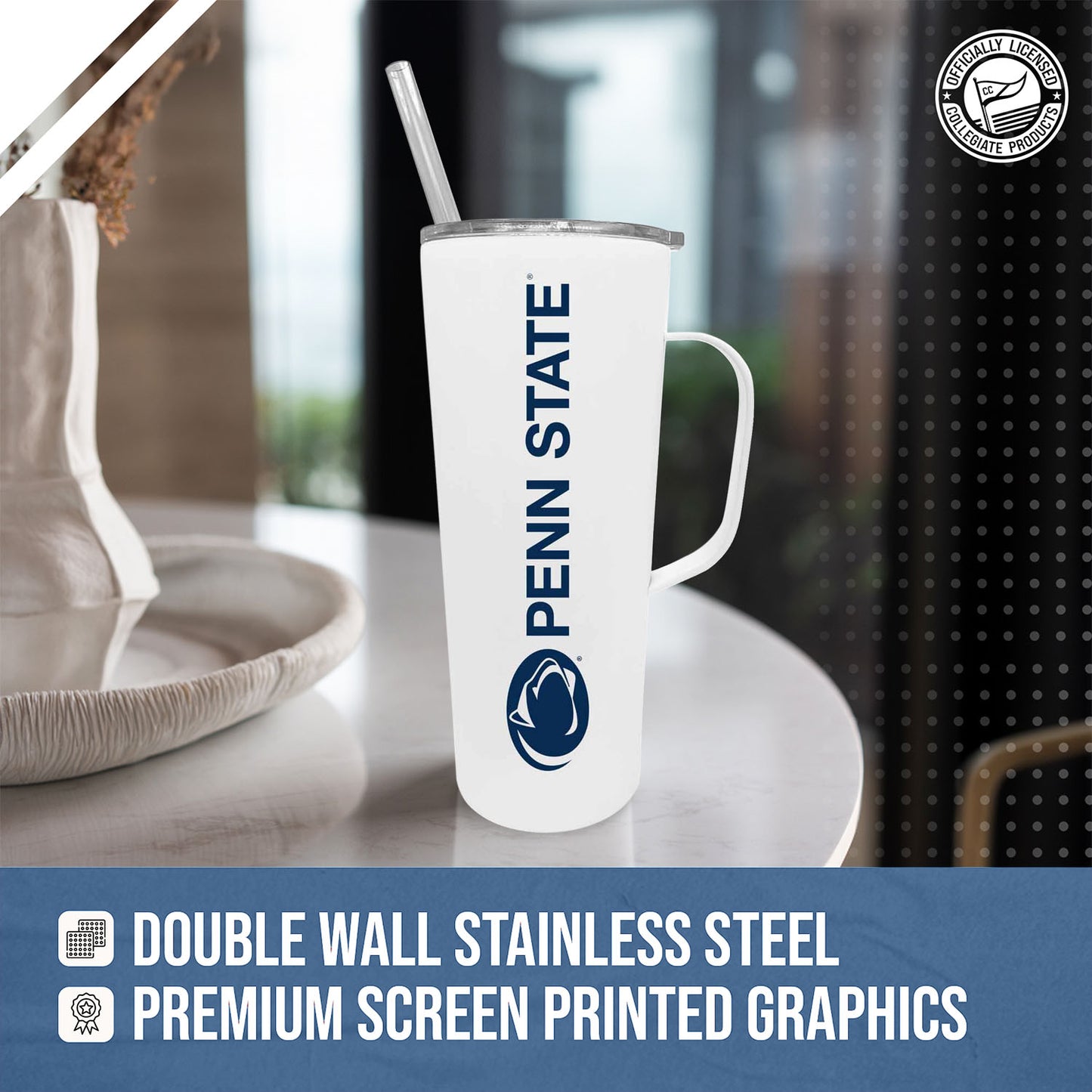 Penn State Nittany Lions NCAA Stainless Steel 20oz Roadie With Handle & Dual Option Lid With Straw - White
