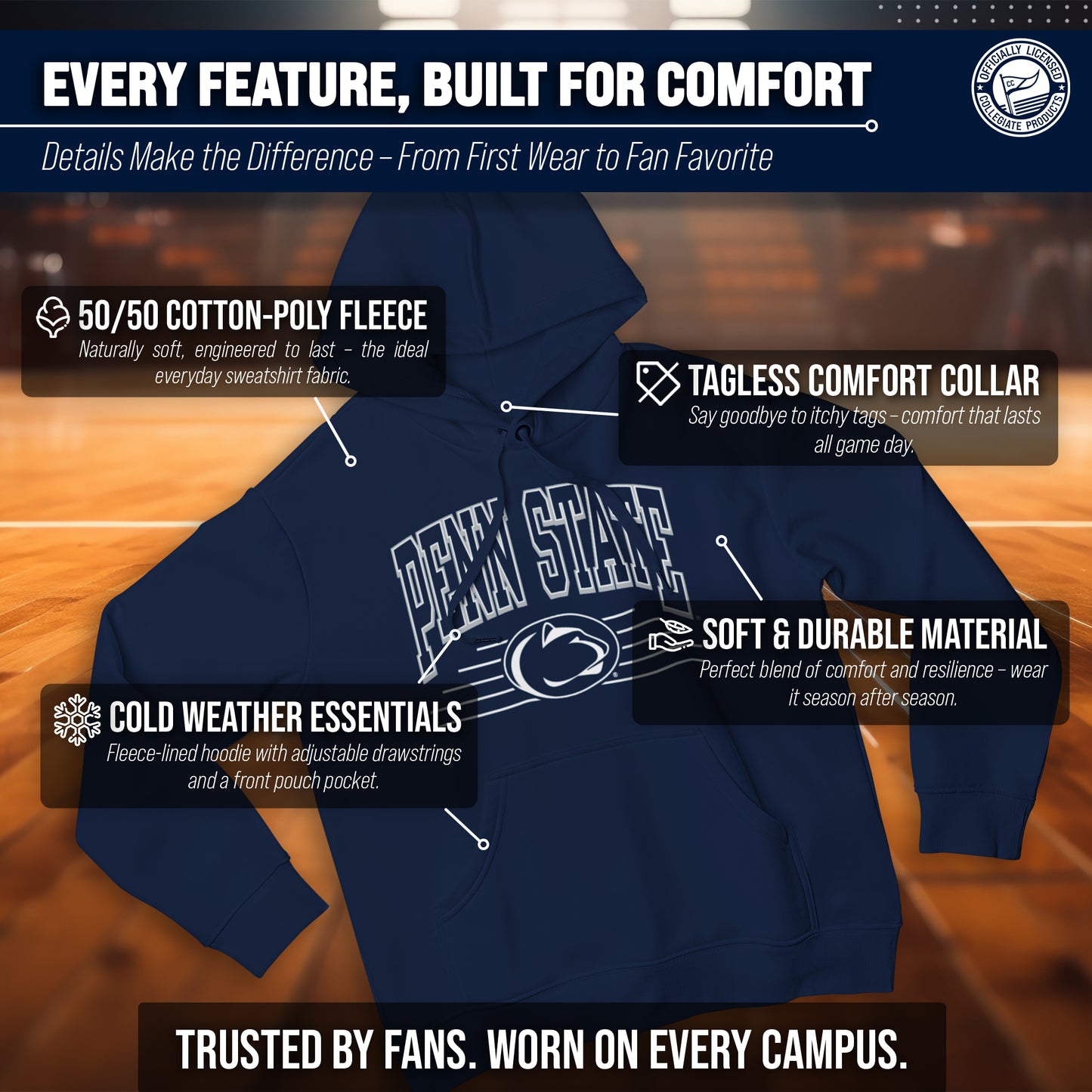 Penn State Nittany Lions NCAA Adult Unisex Overtime Classics Hooded Fleece Sweatshirt - Navy