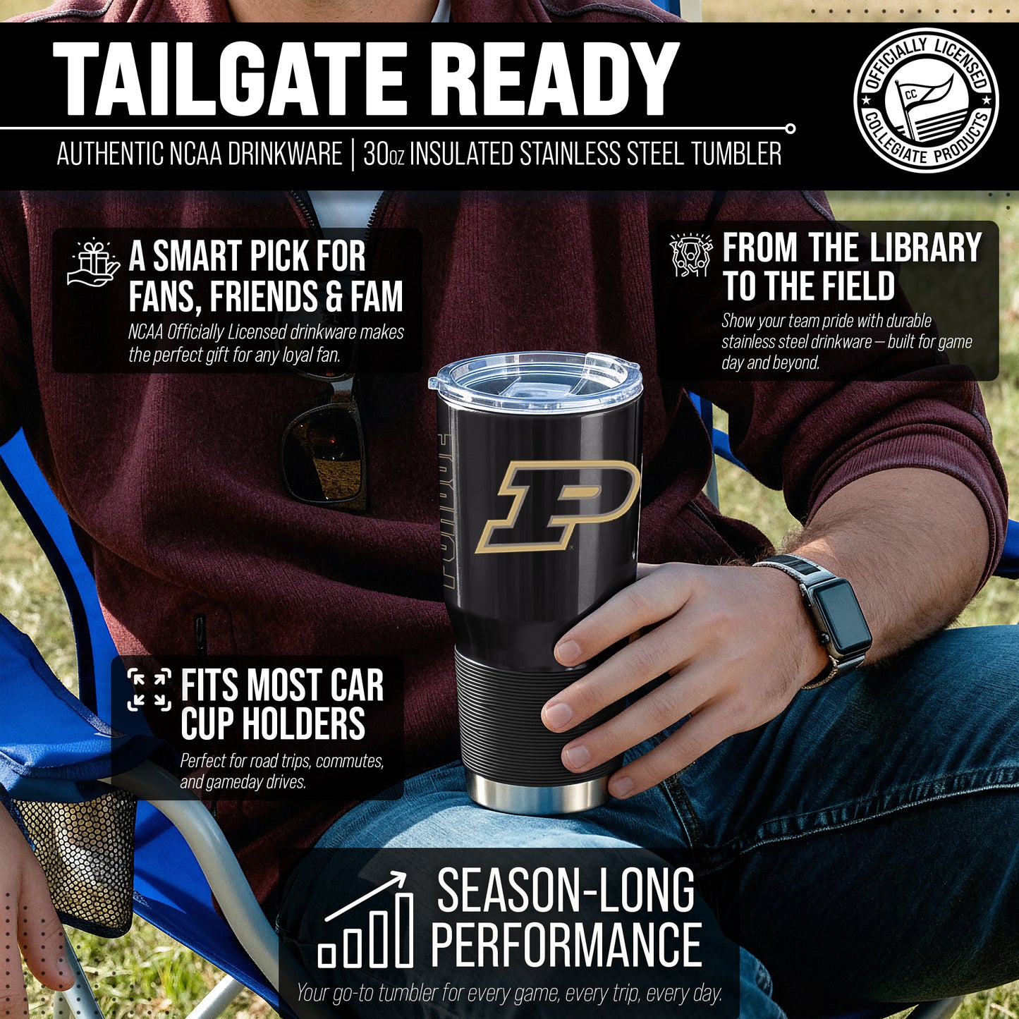 Purdue Boilermakers NCAA University 30oz Stainless Steel Vacuum Insulated Game Day Tumbler with Silicone Grip - Black
