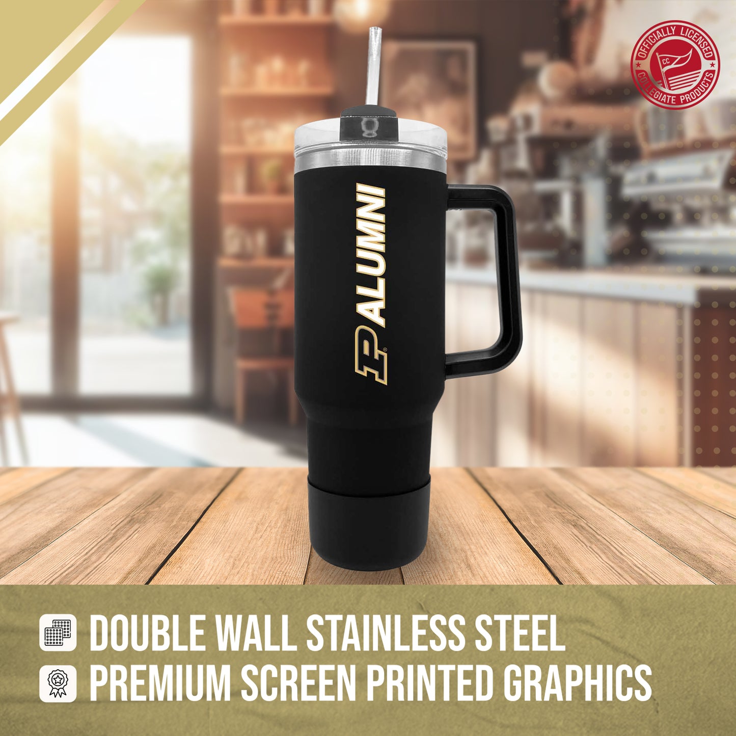 Purdue Boilermakers Collegiate 40oz Stainless Steel Travel Tumbler with Handle for Alumni - Black