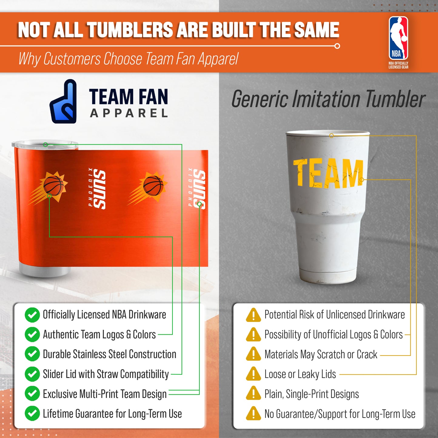 Phoenix Suns NBA Basketball 20oz Stainless Steel Vacuum Insulated Game Day Tumbler with Silicone Grip - Orange