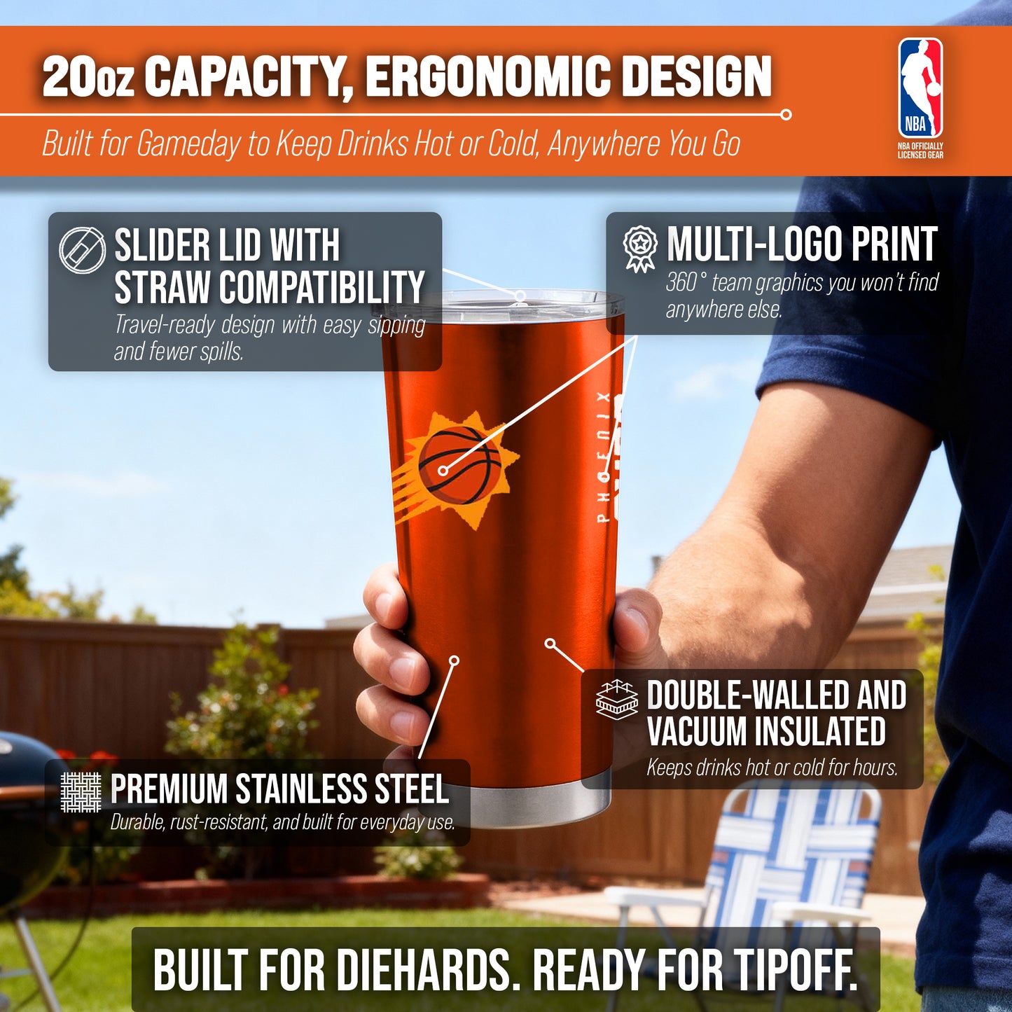 Phoenix Suns NBA Basketball 20oz Stainless Steel Vacuum Insulated Game Day Tumbler with Silicone Grip - Orange