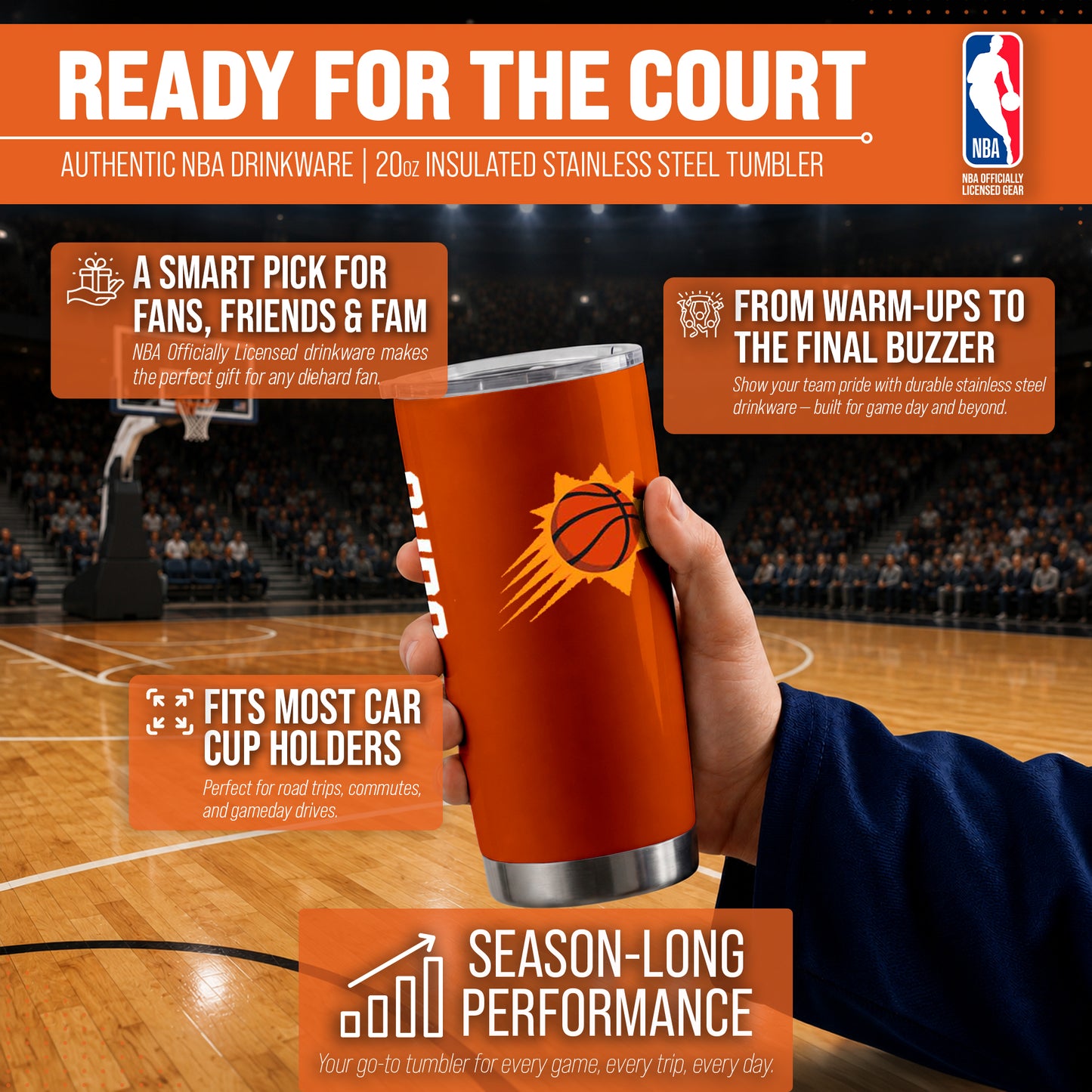 Phoenix Suns NBA Basketball 20oz Stainless Steel Vacuum Insulated Game Day Tumbler with Silicone Grip - Orange