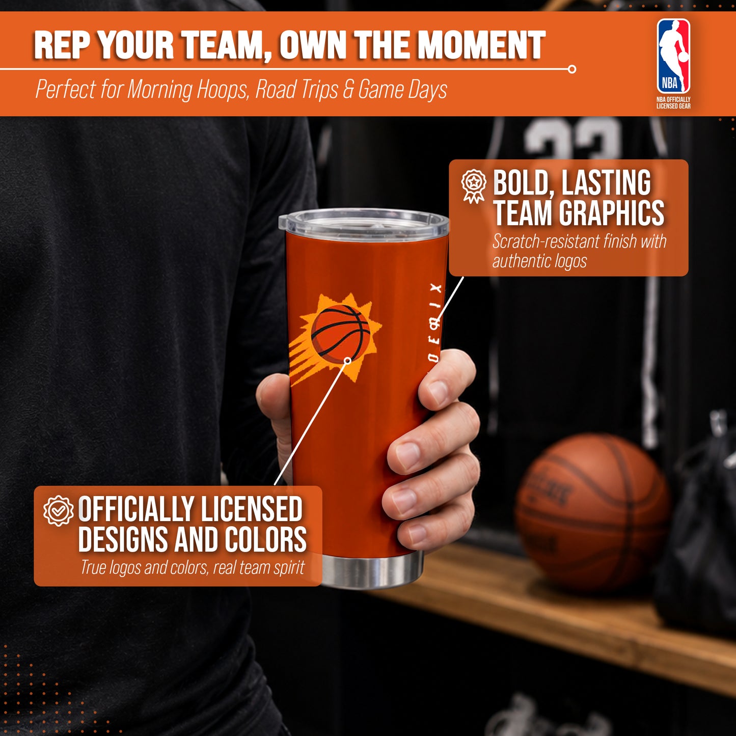Phoenix Suns NBA Basketball 20oz Stainless Steel Vacuum Insulated Game Day Tumbler with Silicone Grip - Orange