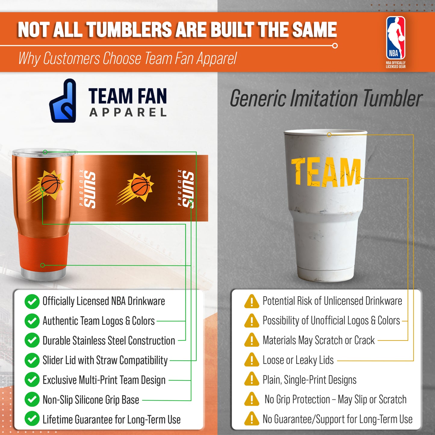 Phoenix Suns NBA Basketball 30oz Stainless Steel Vacuum Insulated Game Day Tumbler with Silicone Grip - Orange