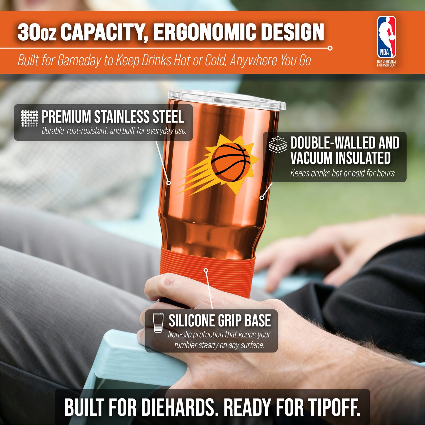 Phoenix Suns NBA Basketball 30oz Stainless Steel Vacuum Insulated Game Day Tumbler with Silicone Grip - Orange