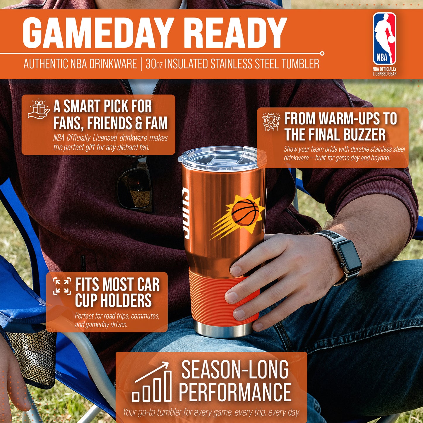 Phoenix Suns NBA Basketball 30oz Stainless Steel Vacuum Insulated Game Day Tumbler with Silicone Grip - Orange