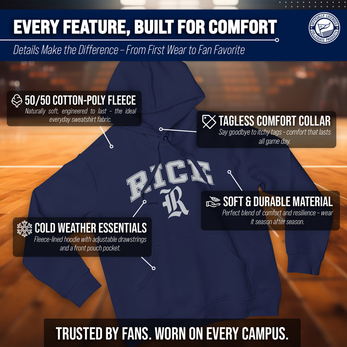 RICE Arch & Logo Gameday Hoodie - Navy