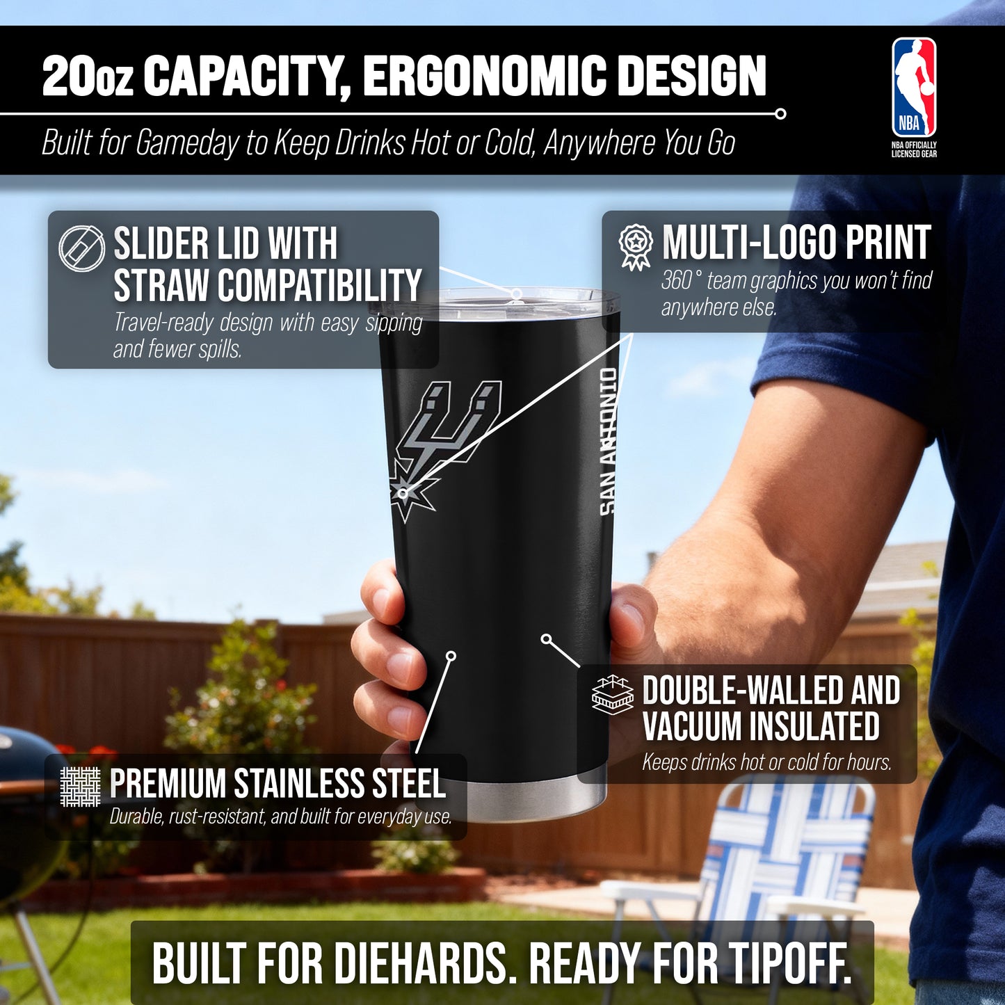 San Antonio Spurs NBA Basketball 20oz Stainless Steel Vacuum Insulated Game Day Tumbler with Silicone Grip - Black
