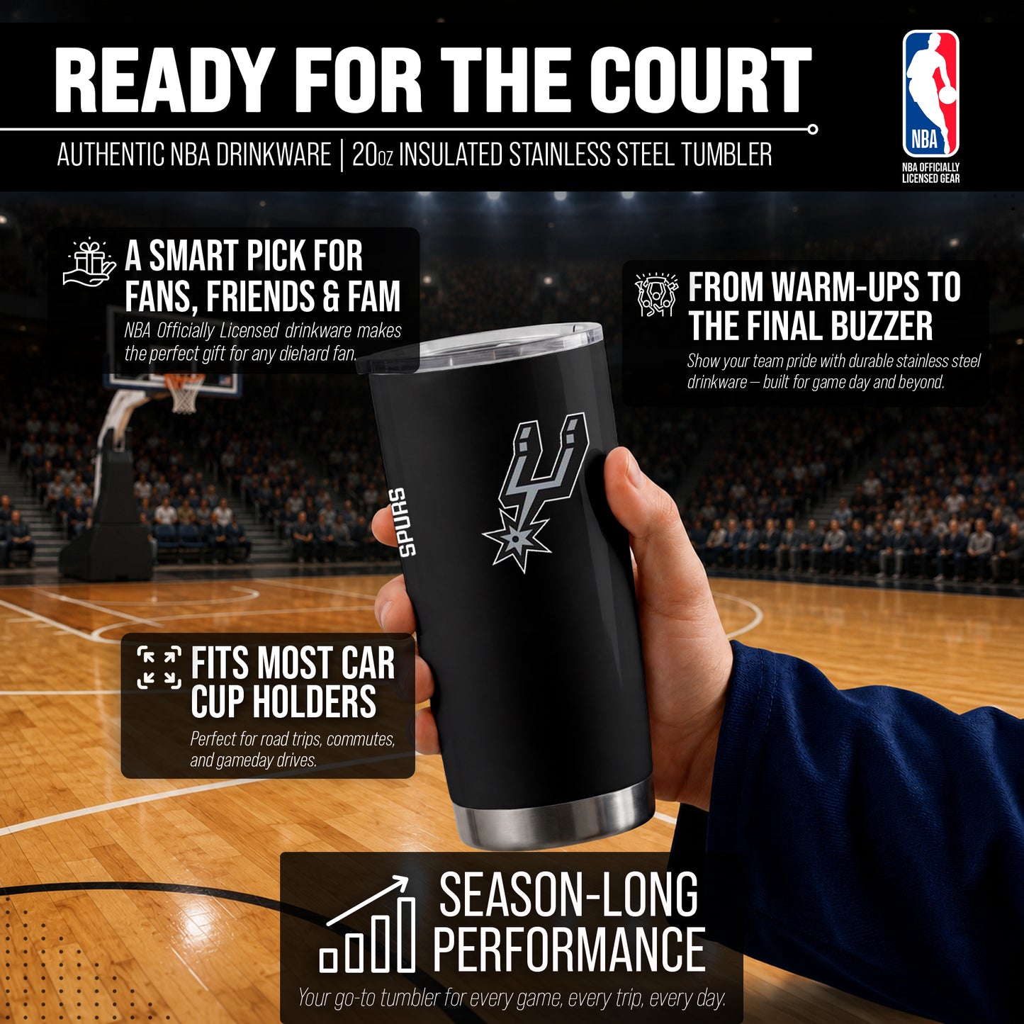San Antonio Spurs NBA Basketball 20oz Stainless Steel Vacuum Insulated Game Day Tumbler with Silicone Grip - Black
