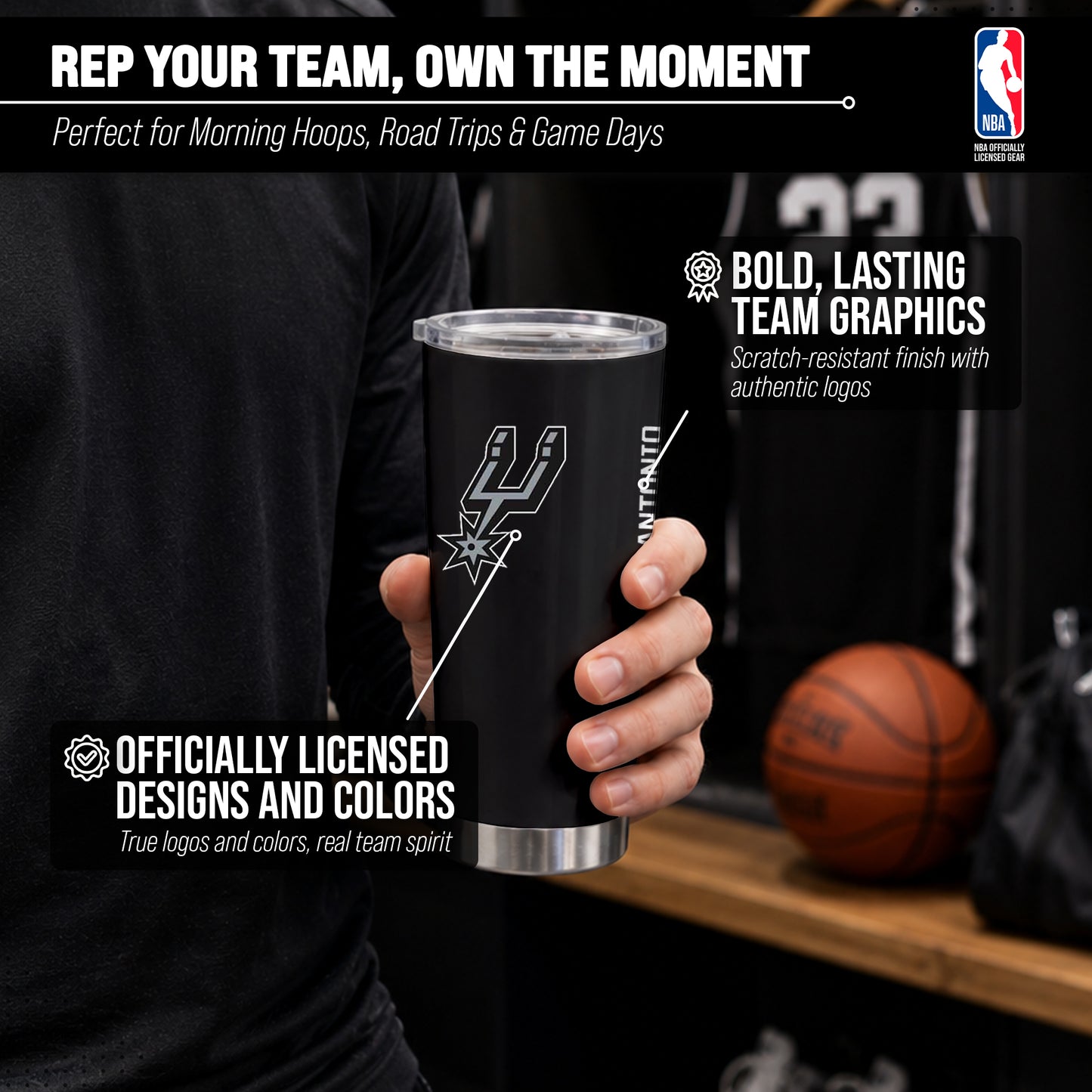San Antonio Spurs NBA Basketball 20oz Stainless Steel Vacuum Insulated Game Day Tumbler with Silicone Grip - Black