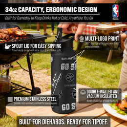 San Antonio Spurs NBA Basketball 34oz Stainless Steel Vacuum Insulated Game Day Water Bottle with Flip Straw Lid and Handle - Black